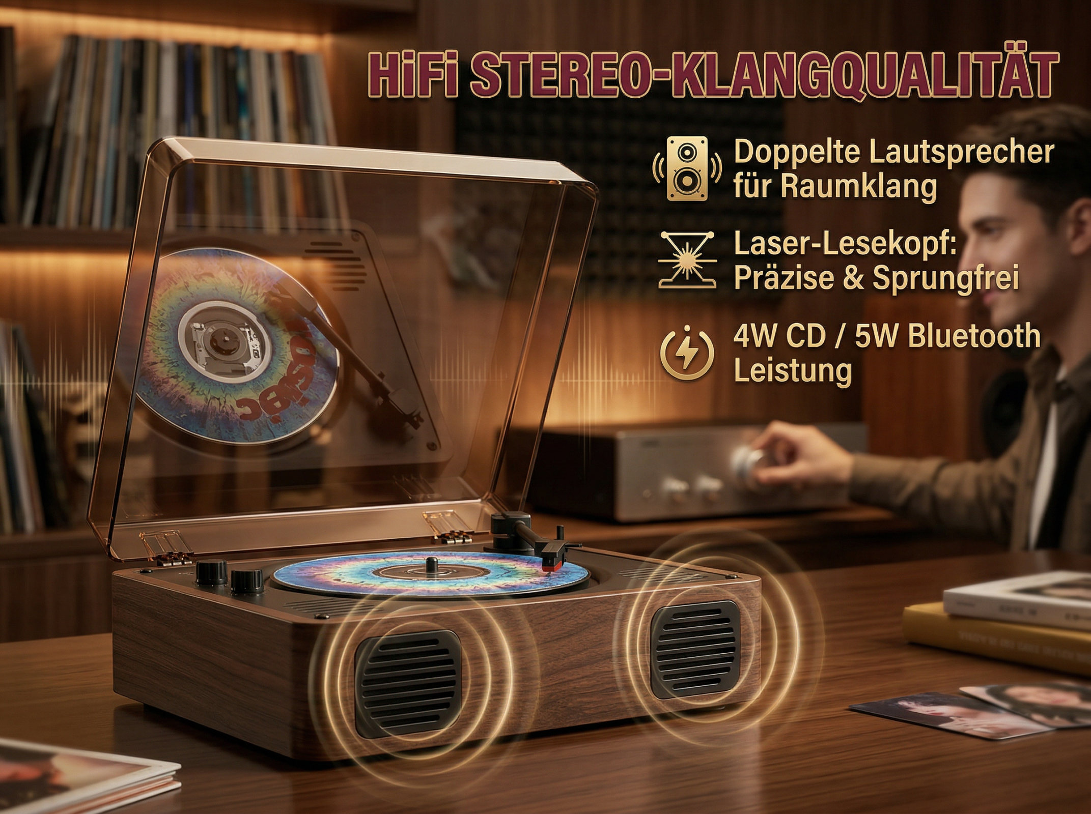Plattenspieler mit CD-Player, Lautsprechern und Vinylschallplatte im Regal.