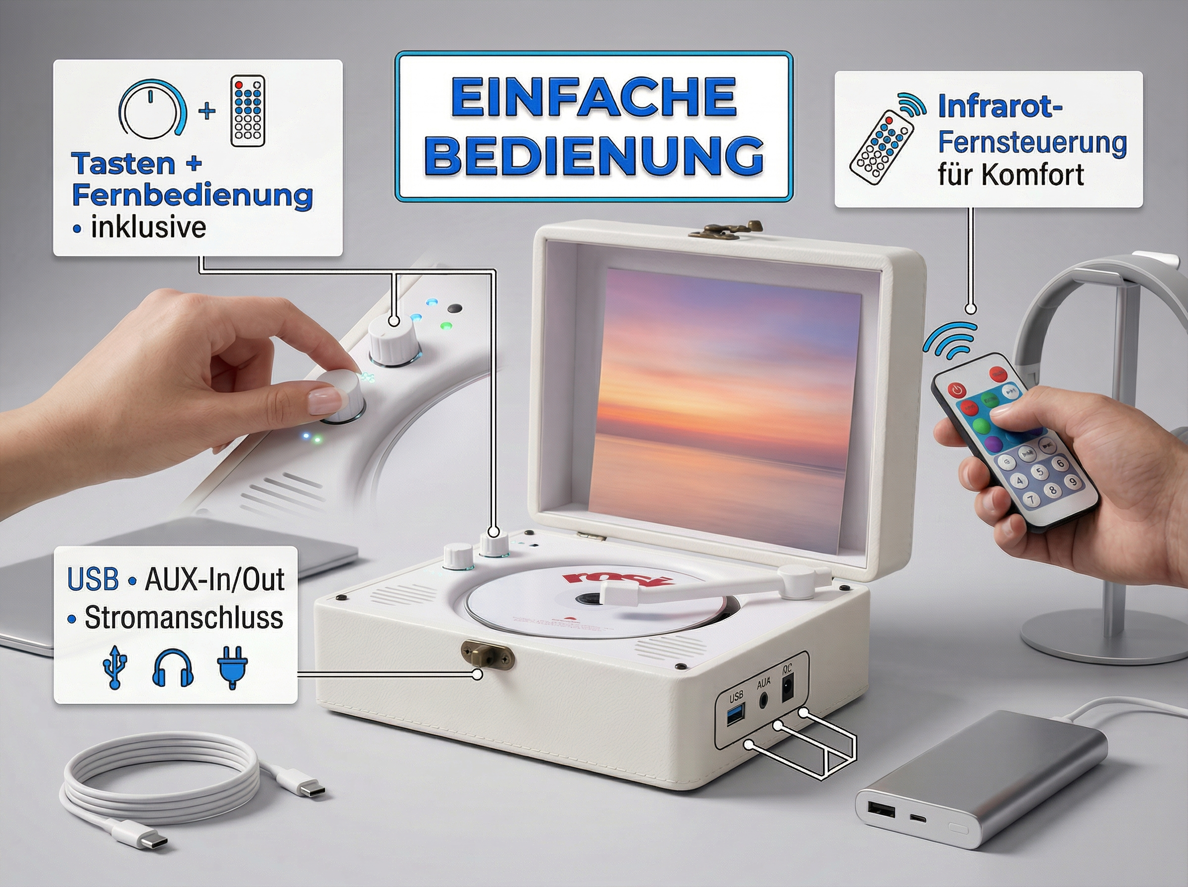 Ein Plattenspieler mit Fernbedienung, USB und AUX-Anschlüssen.