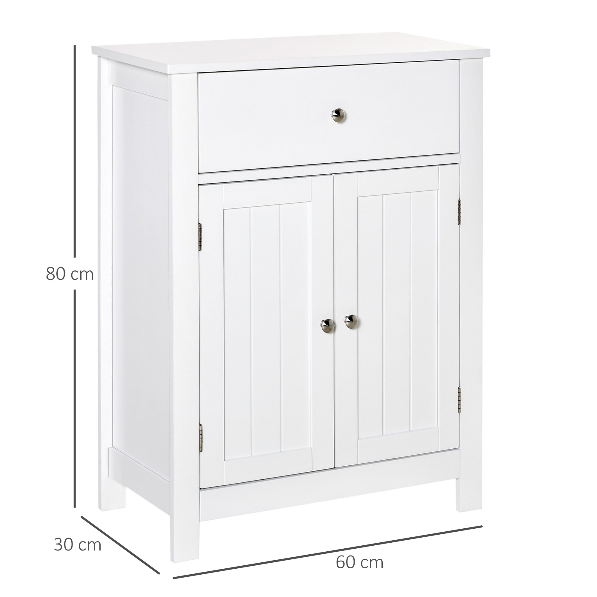 Armario blanco con un cajón y puertas dobles, medidas 80x60x30 cm.