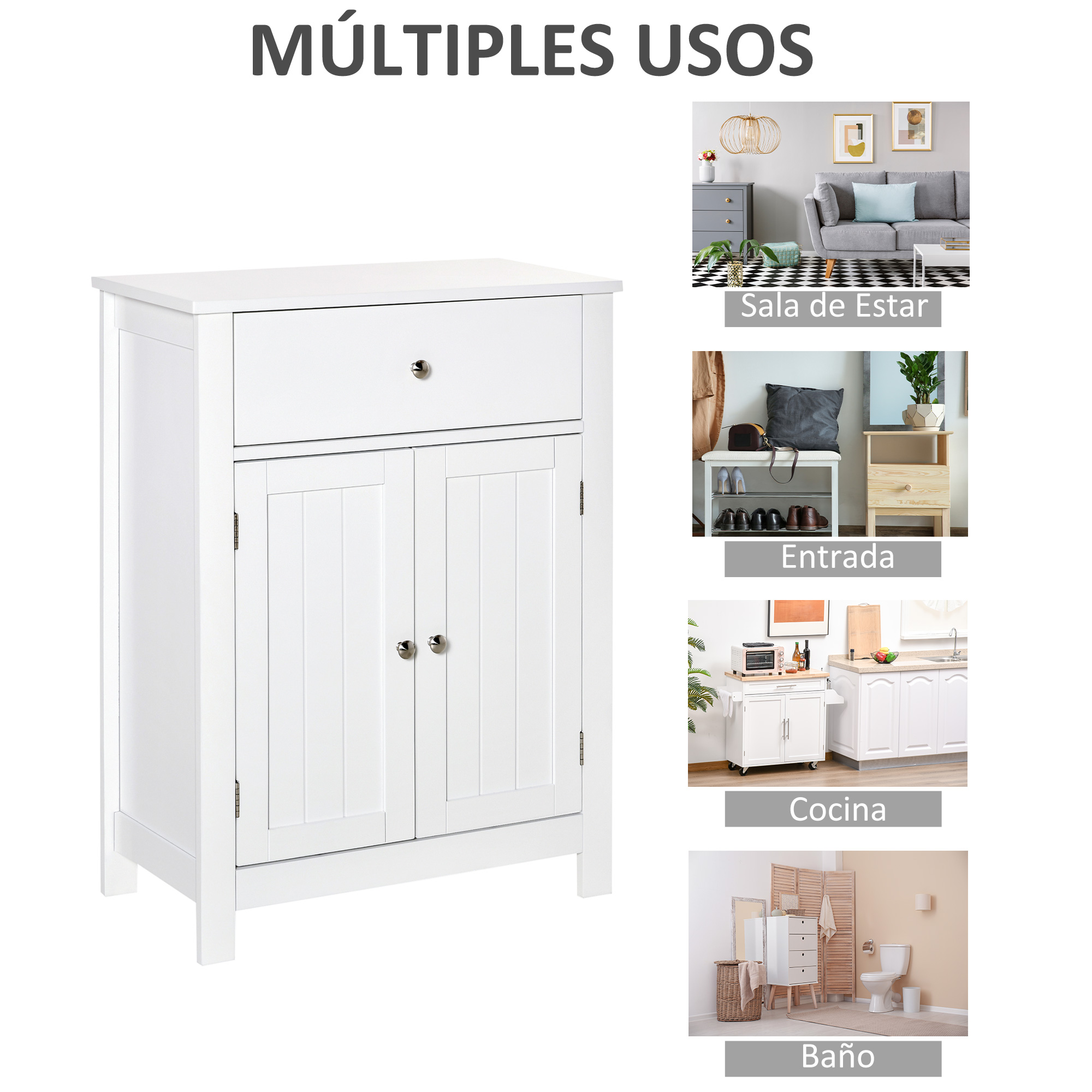 Armario blanco con cajón y dos puertas, junto a imágenes de sala, entrada, cocina y baño.