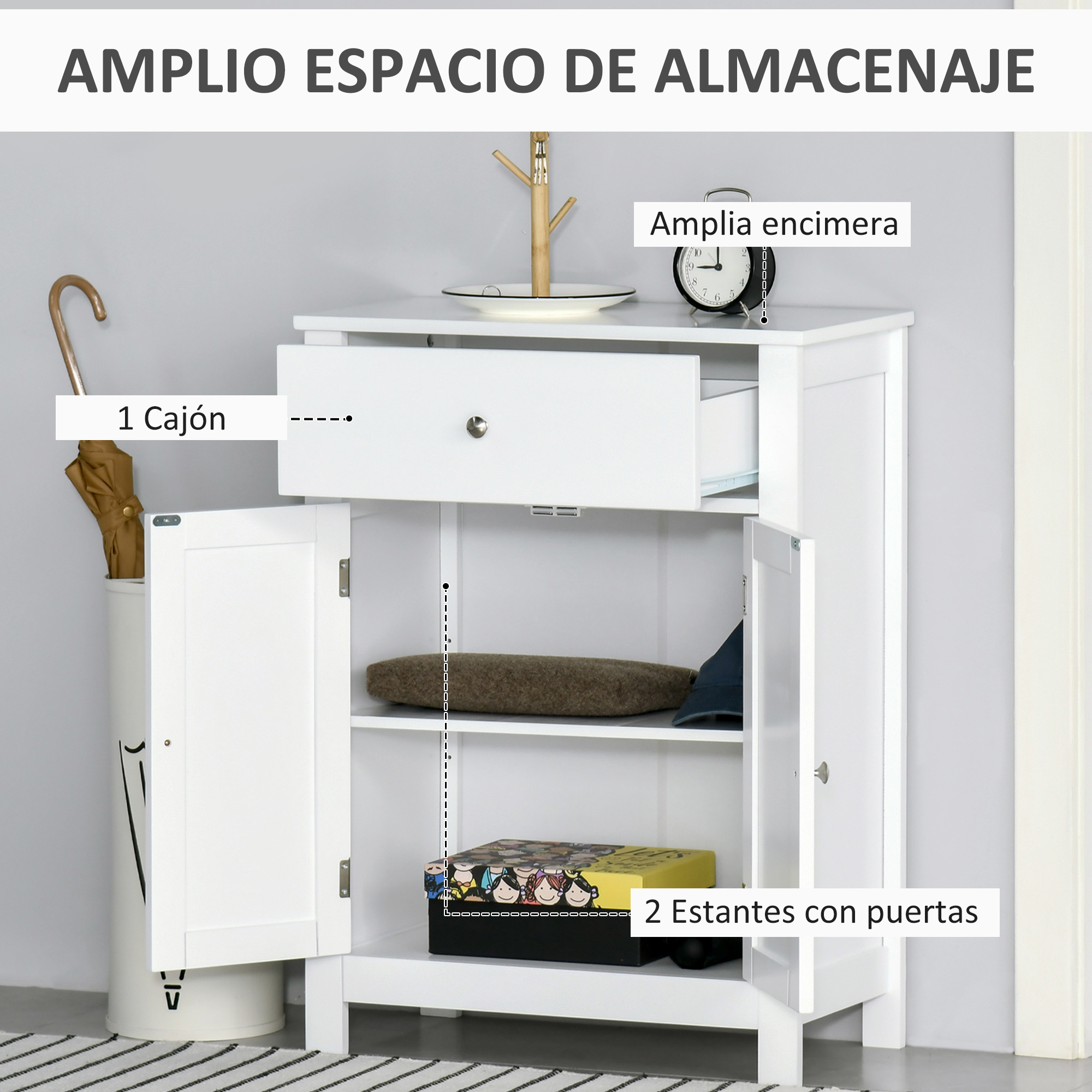 Un mueble blanco con cajón y puertas. Un paraguas a la izquierda.