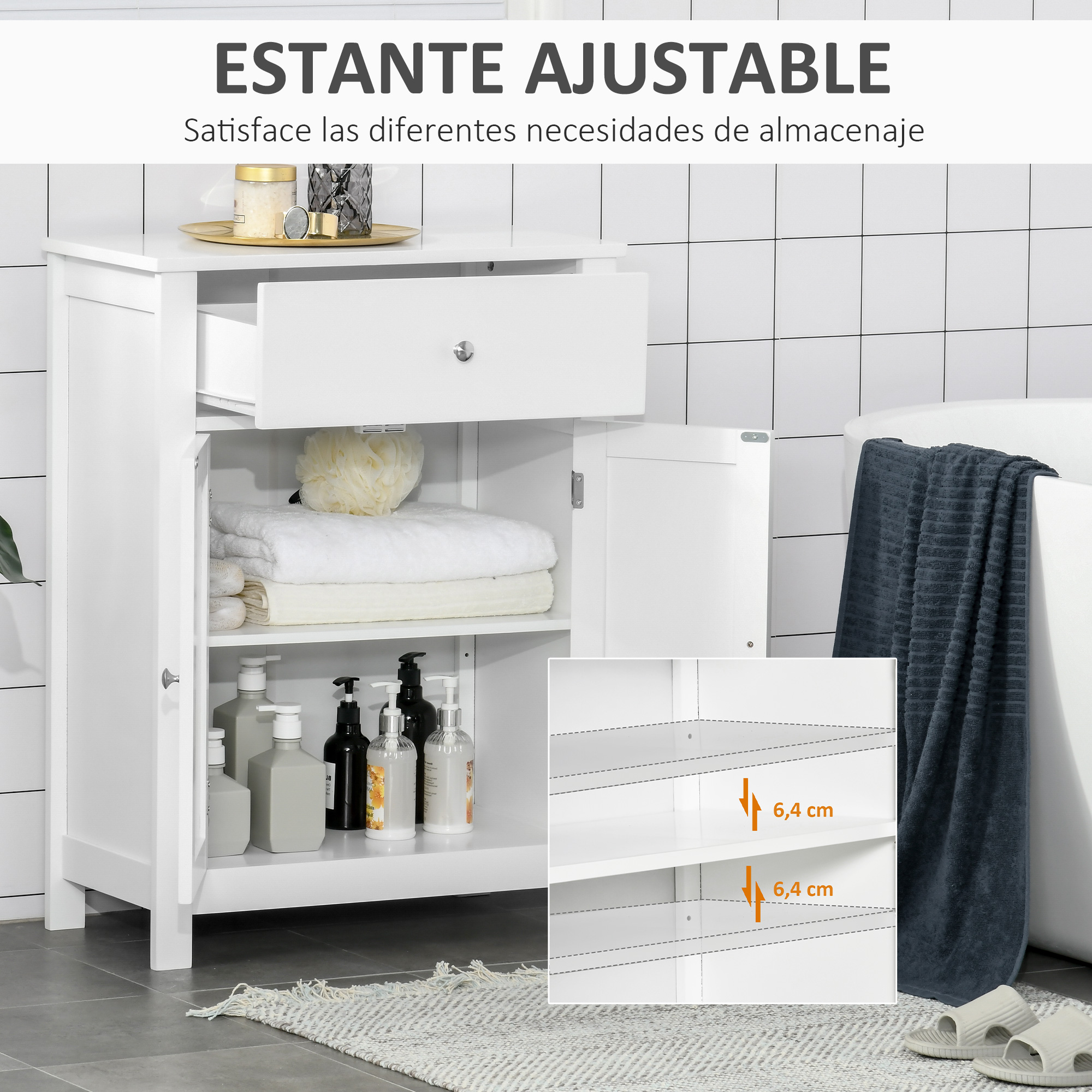 Un mueble de baño blanco con puerta abierta, lleno de toallas y botellas de jabón.