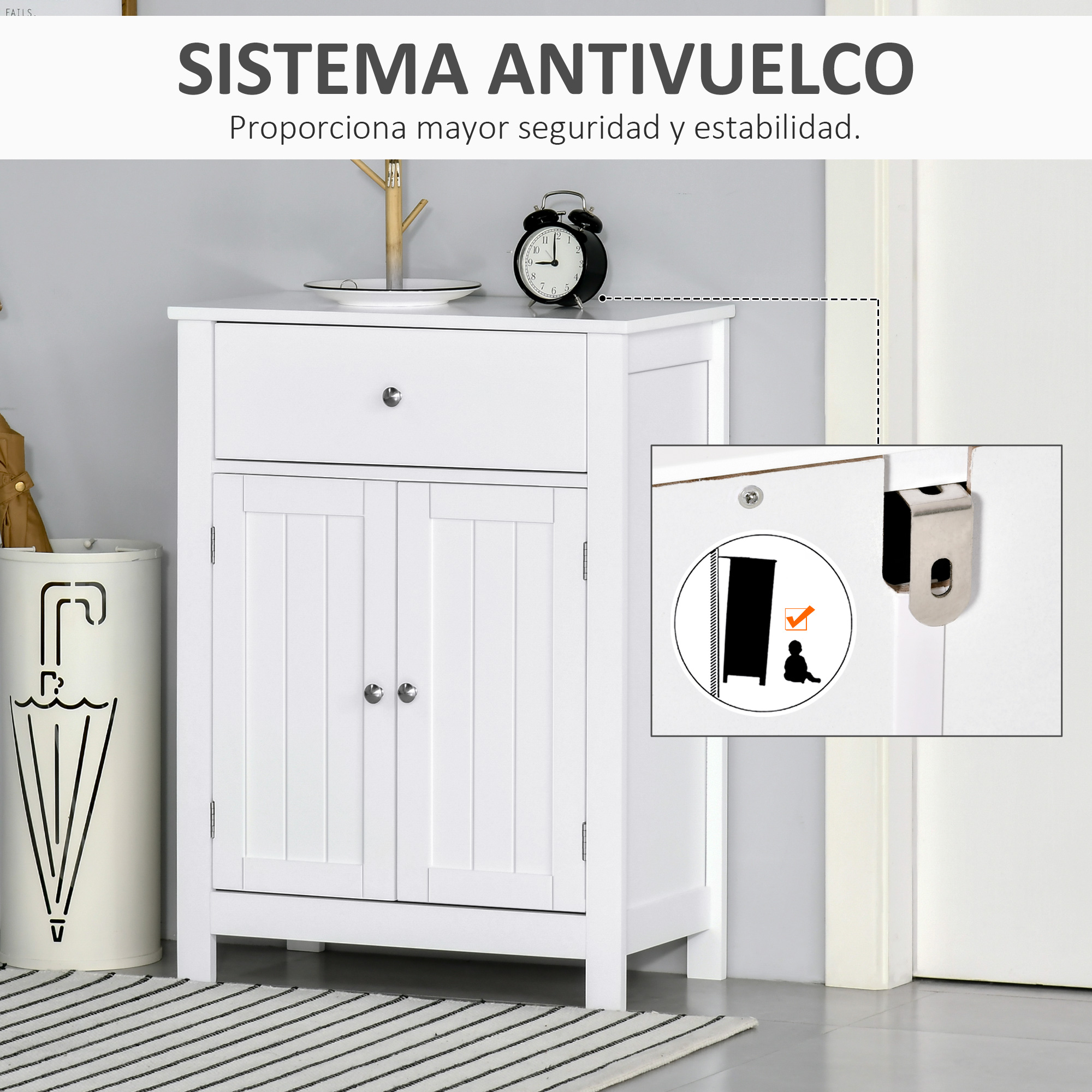 Armario blanco con cajón, dos puertas, despertador y paragüero.