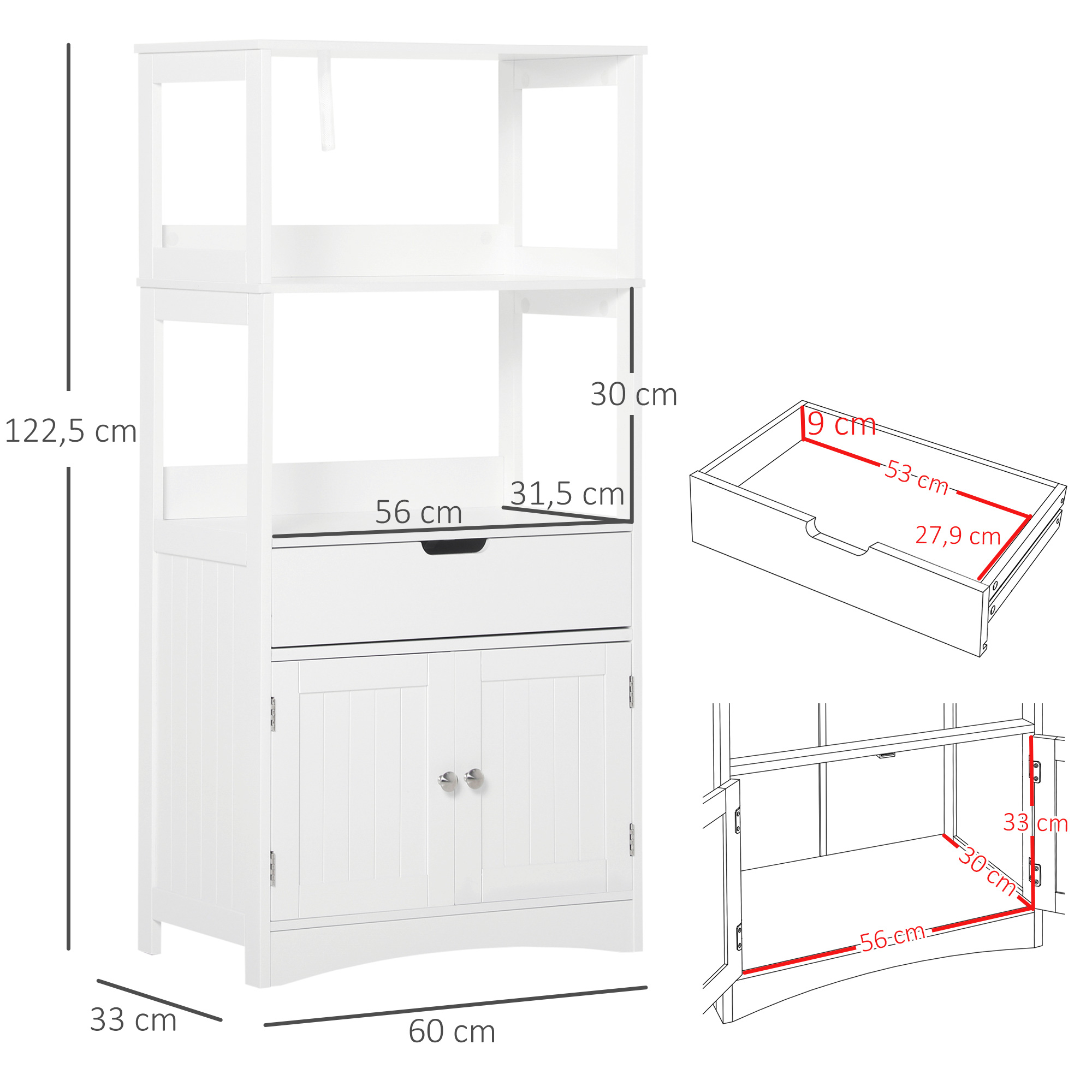 Un armario alto blanco con dimensiones. Mide: 122,5x60x33 cm.