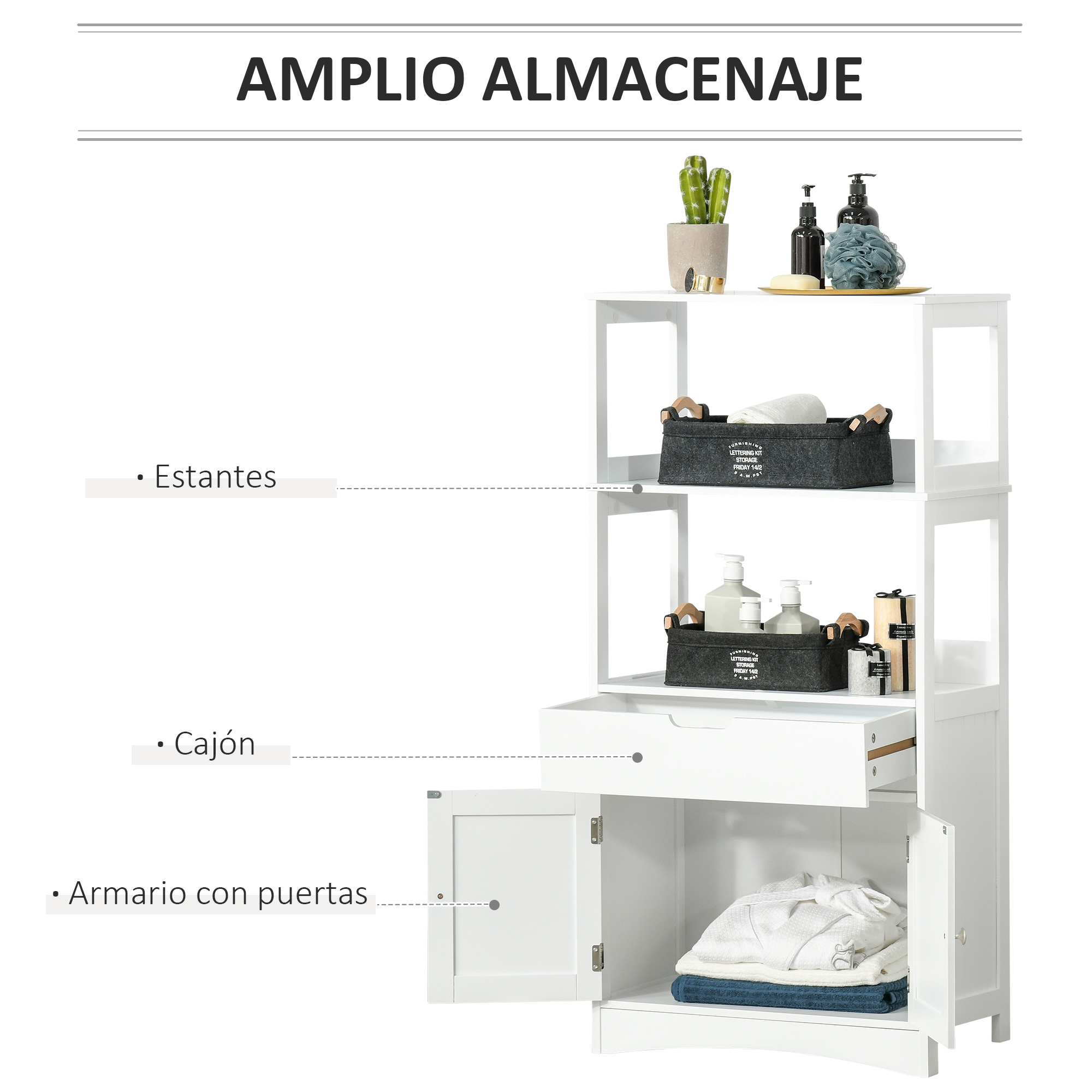 Un estante blanco con un cactus, jabones y cestas.
