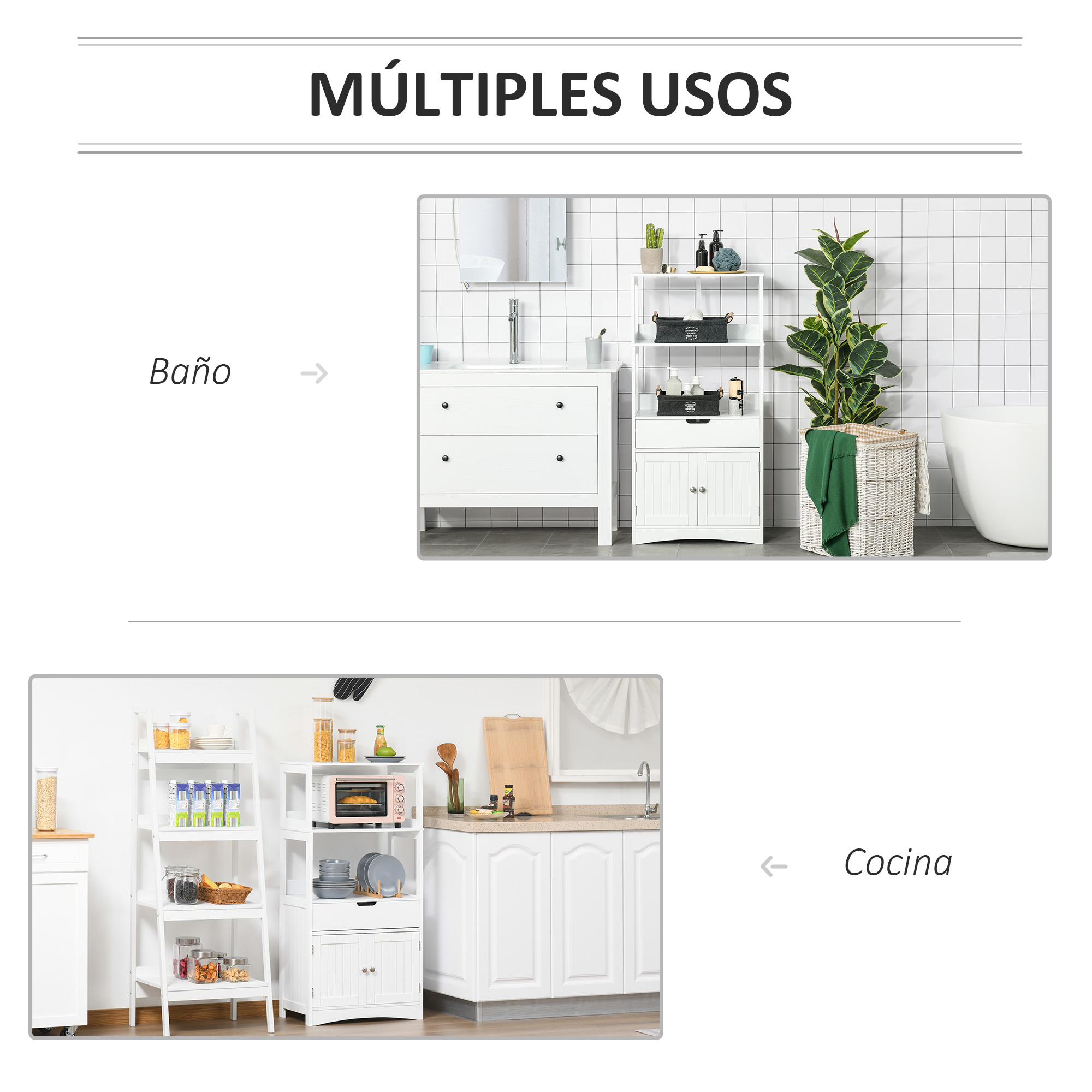 Se muestran un baño y una cocina como espacios versátiles.