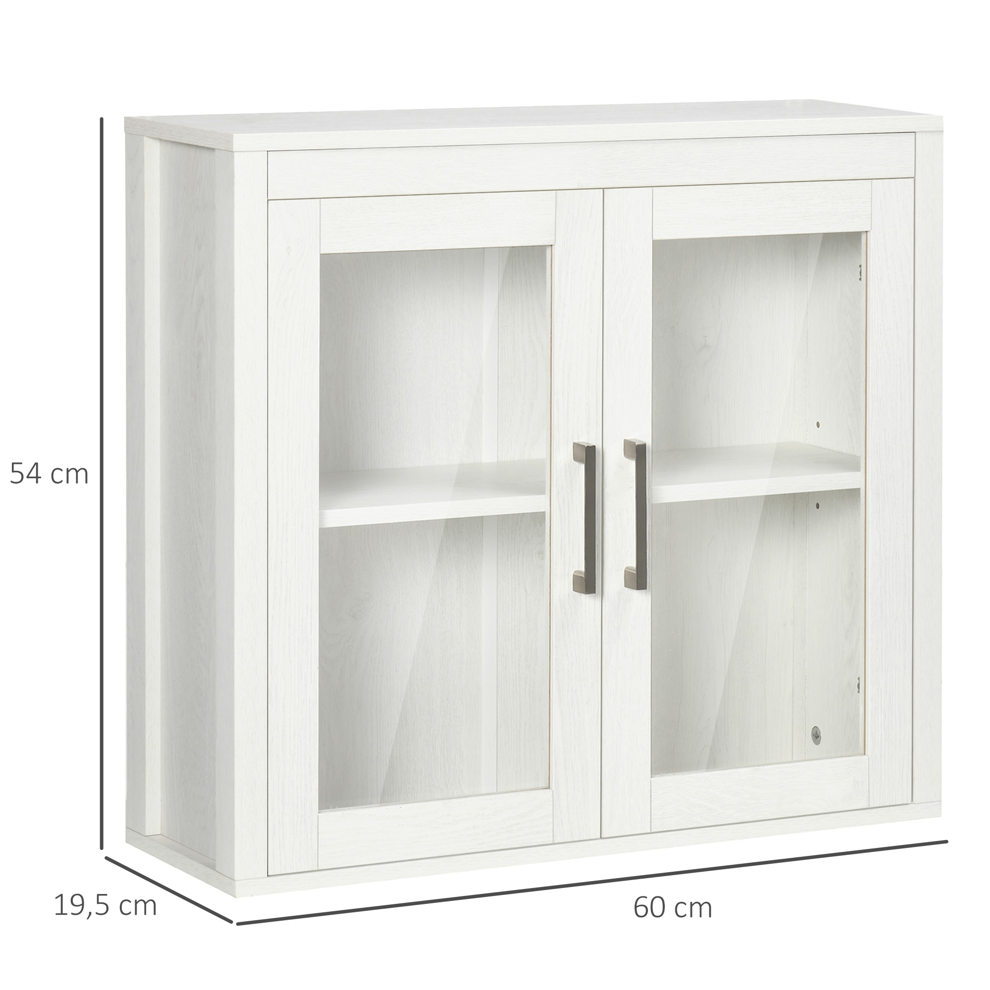 Un mueble blanco con dos puertas de cristal y tiradores plateados.