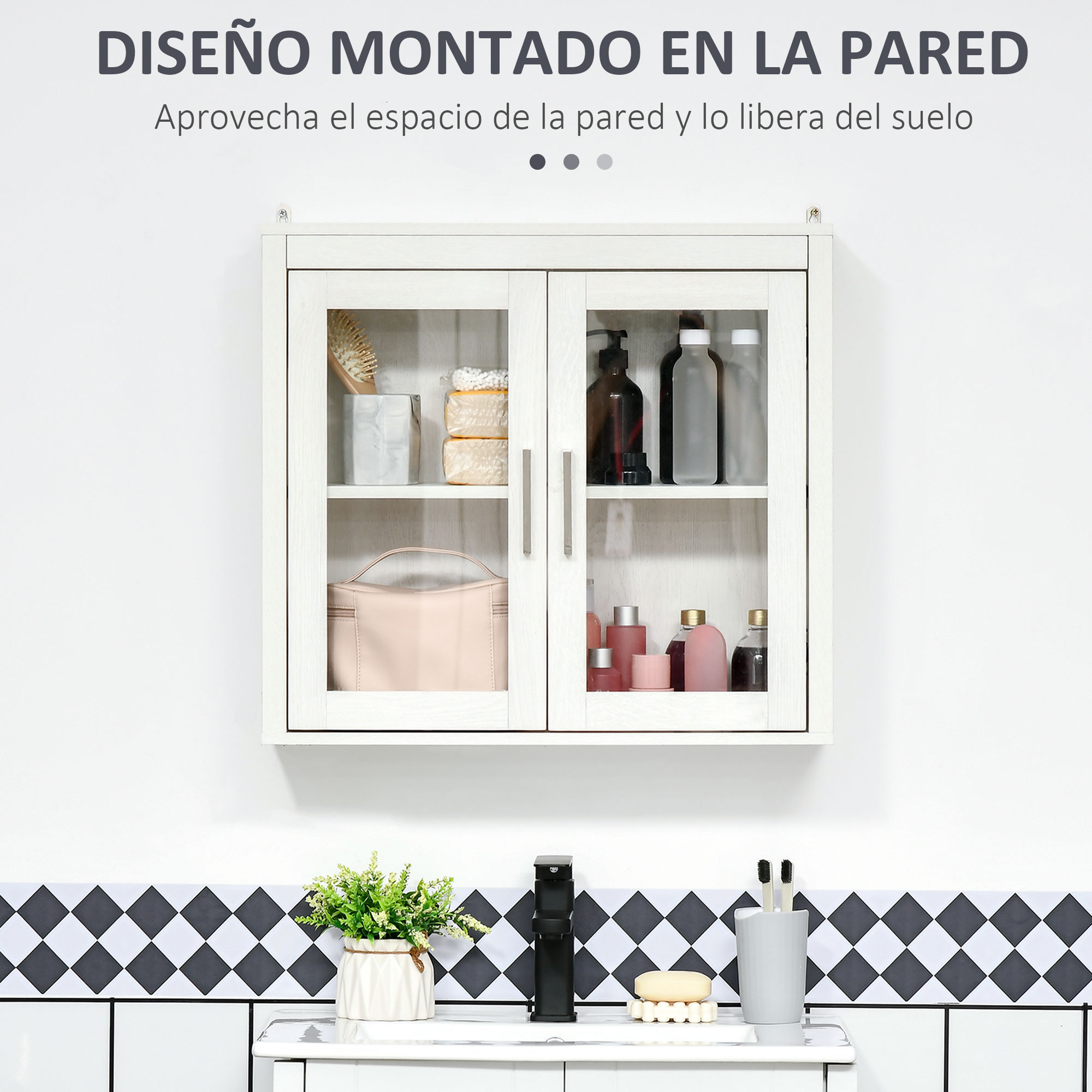 Un armario de pared blanco con puertas de cristal, lleno de artículos de baño sobre un lavabo.