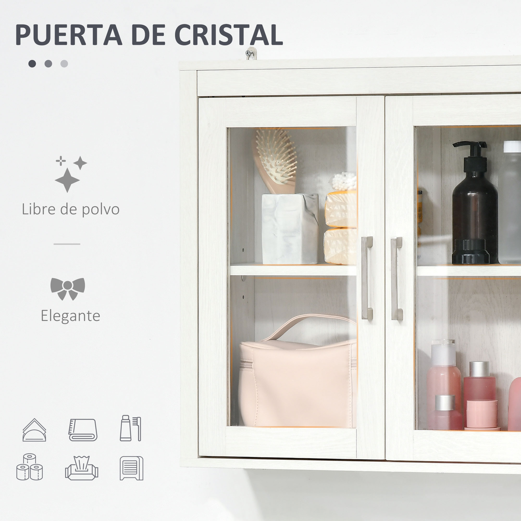 Un armario blanco con puertas de cristal que contiene cosméticos y artículos de tocador.
