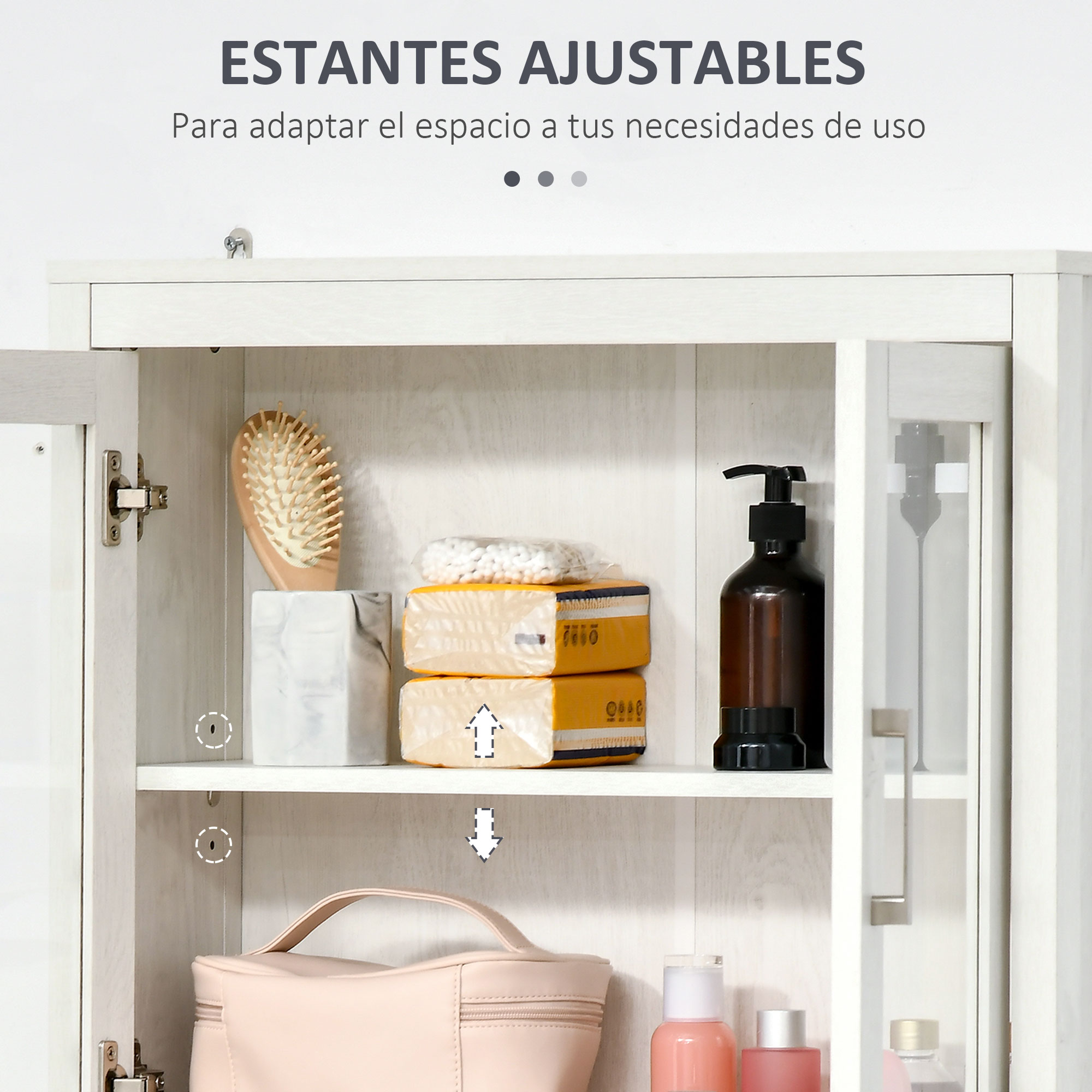 Un armario blanco con estantes ajustables lleno de artículos de baño.