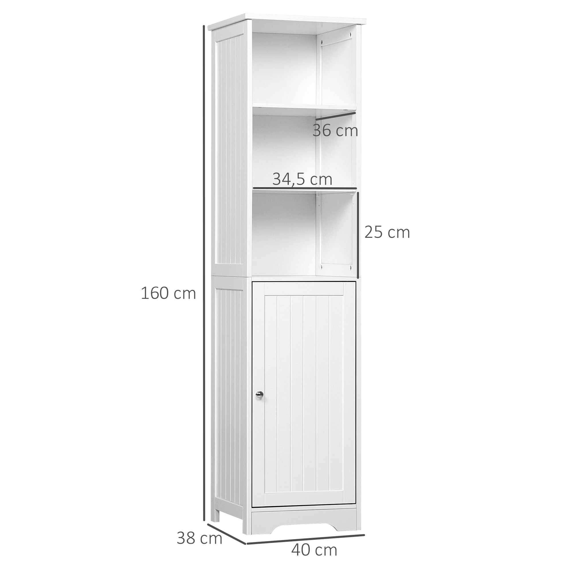 Armario blanco con puerta abajo y estantes arriba. Dimensiones: 160x38x40cm.