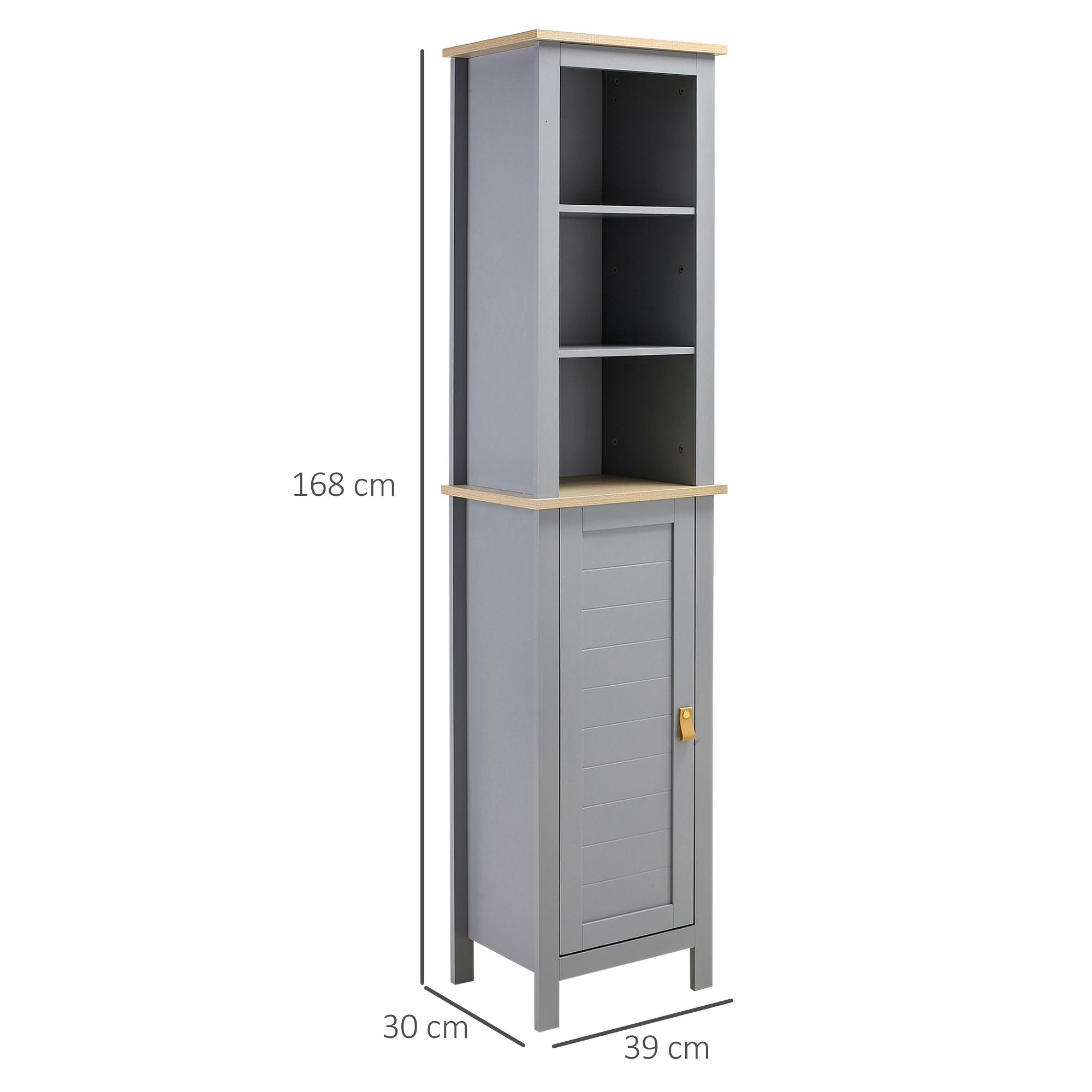 Un armario gris alto y estrecho con estantes de madera y una puerta.
