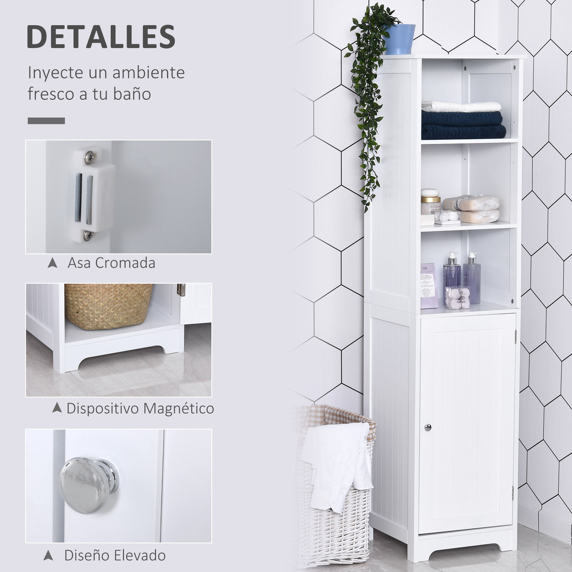 Un mueble de baño blanco con estantes, una cesta y una planta.