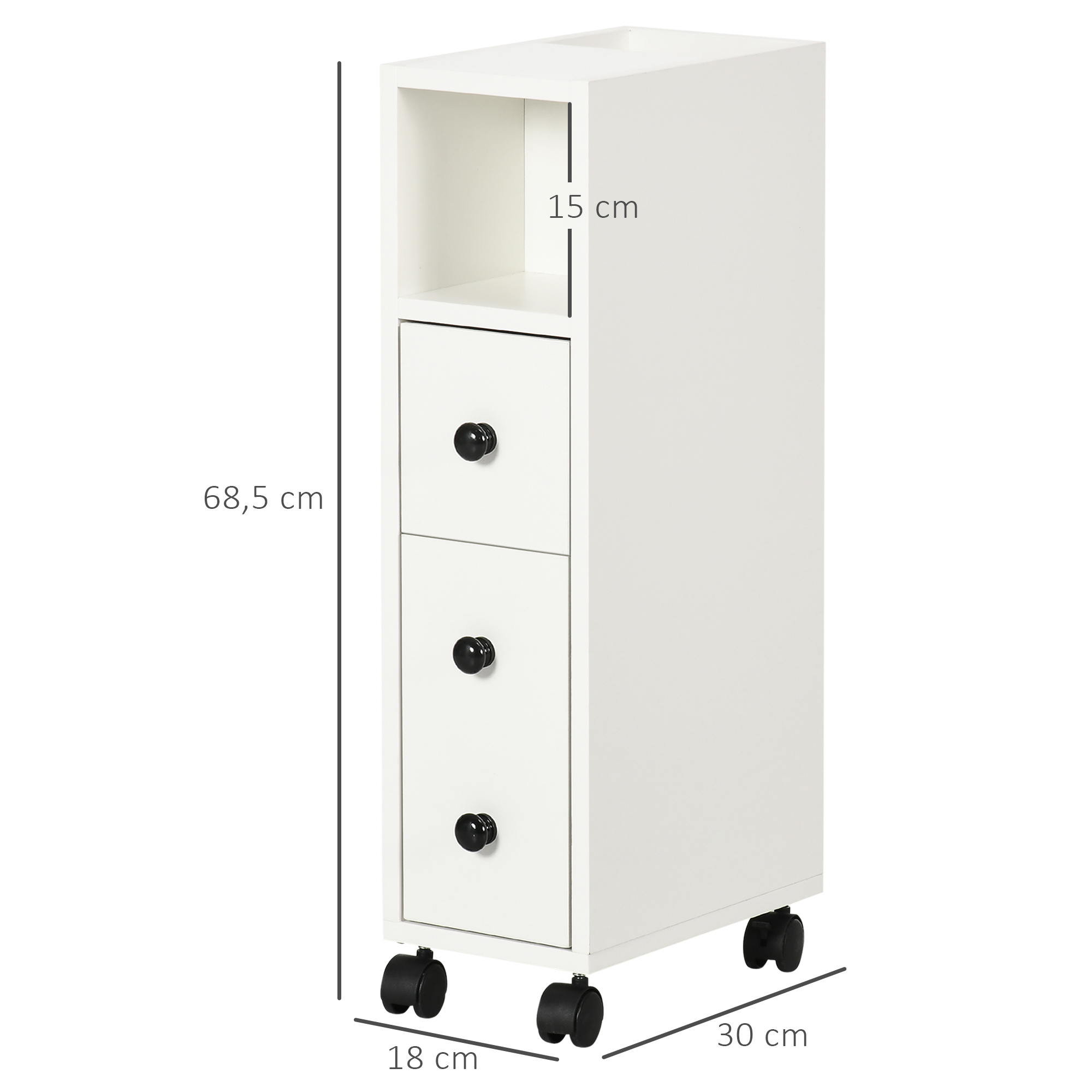 Un mueble rodante blanco y estrecho con tres cajones y ruedas.