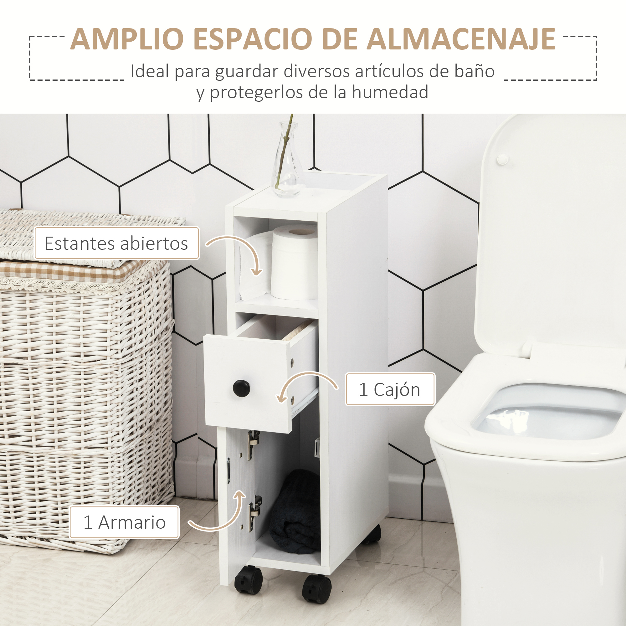 Un mueble de baño blanco con ruedas, cajón, estantes abiertos y puerta.