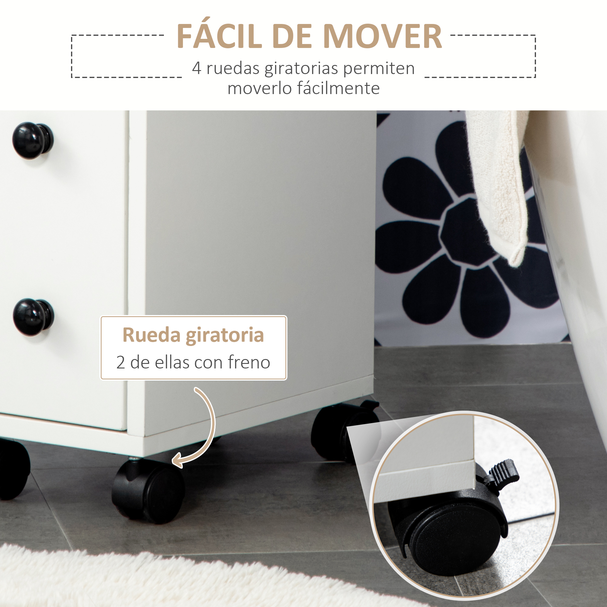 Mueble blanco con ruedas negras, dos de ellas con freno.