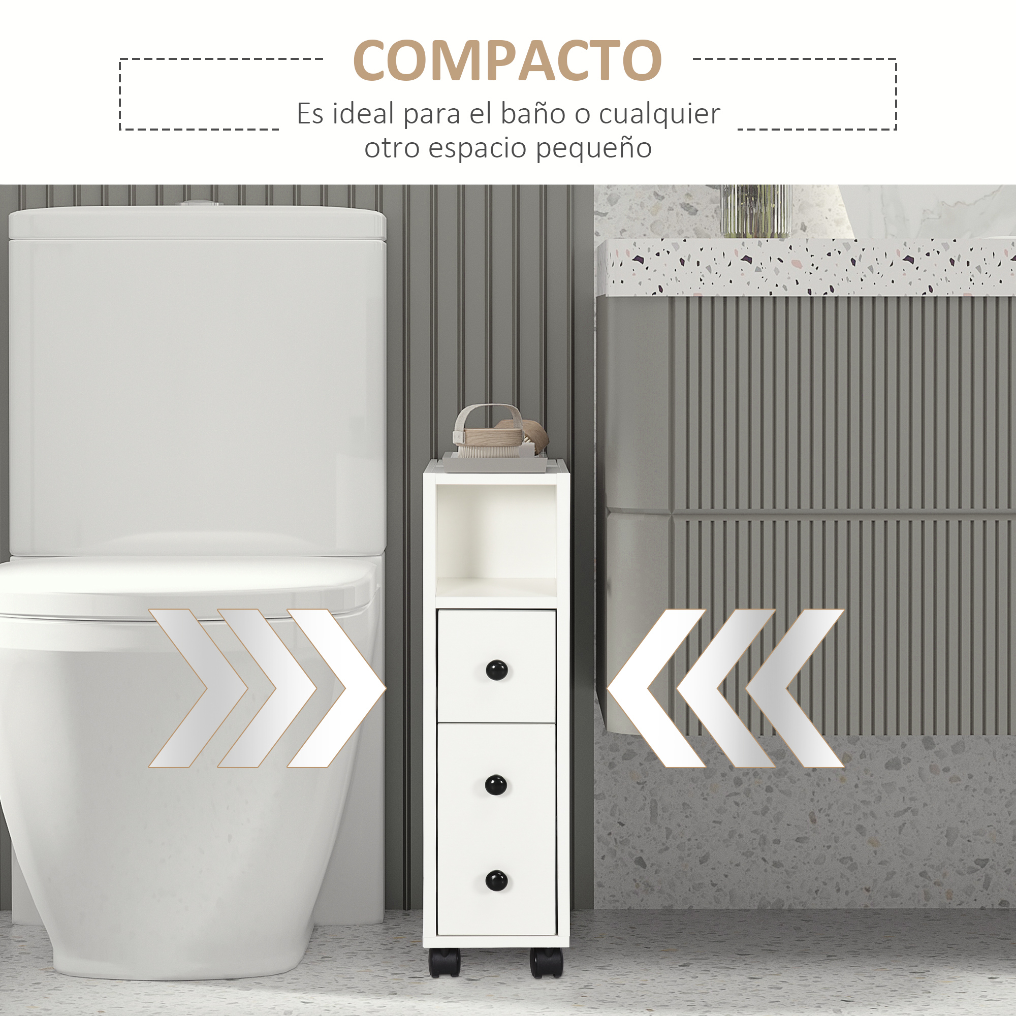 Un mueble blanco estrecho con cajones junto a un inodoro.