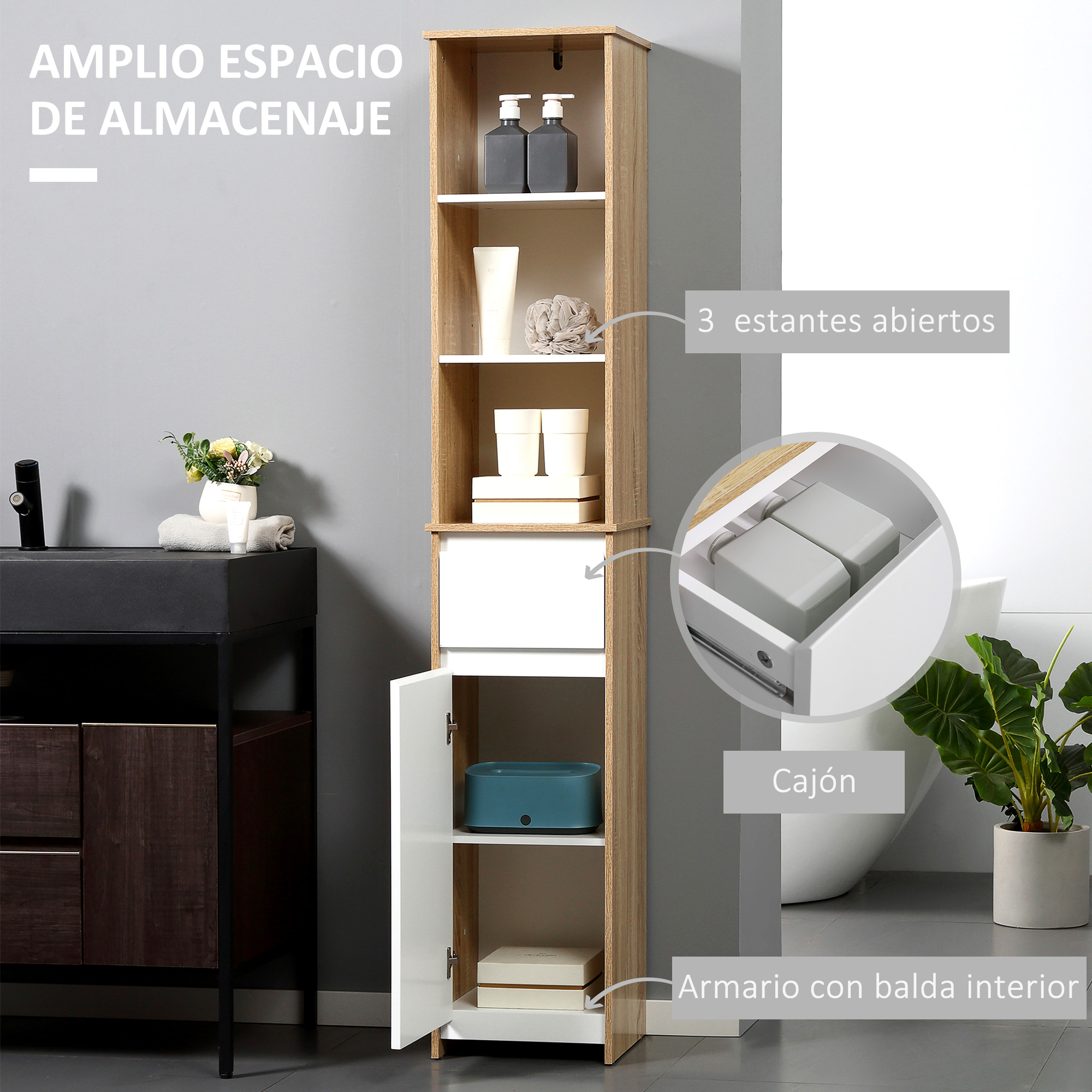 Armario alto de madera con puertas y cajones blancos, lleno de accesorios de baño.