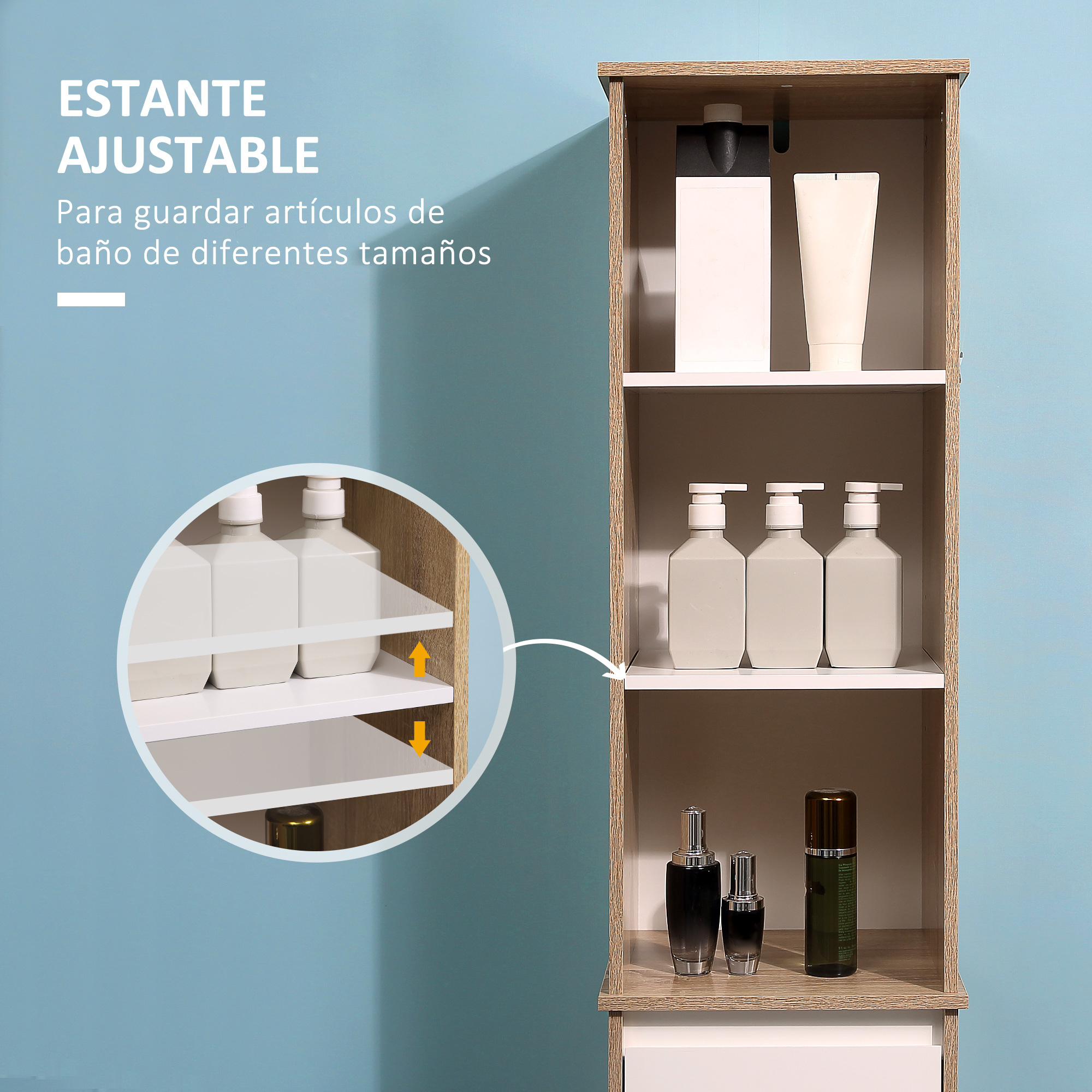 Armario alto y estrecho de madera con estantes blancos llenos de productos de baño.