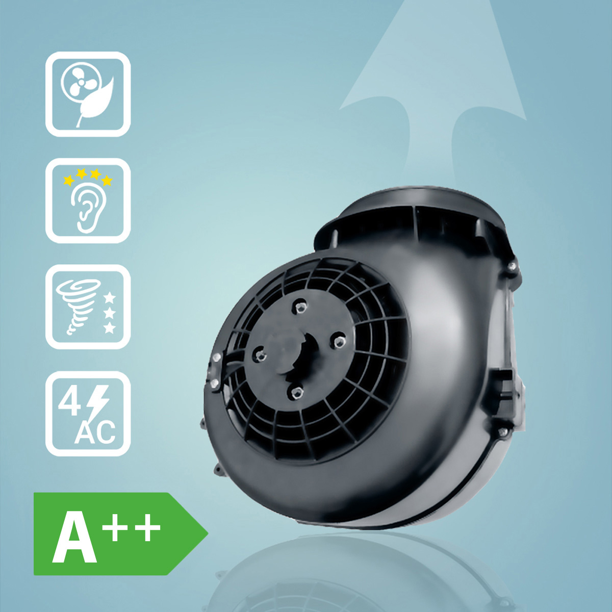 Ein schwarzes Gebläse mit Icons für Energieeffizienz und Lautstärke.