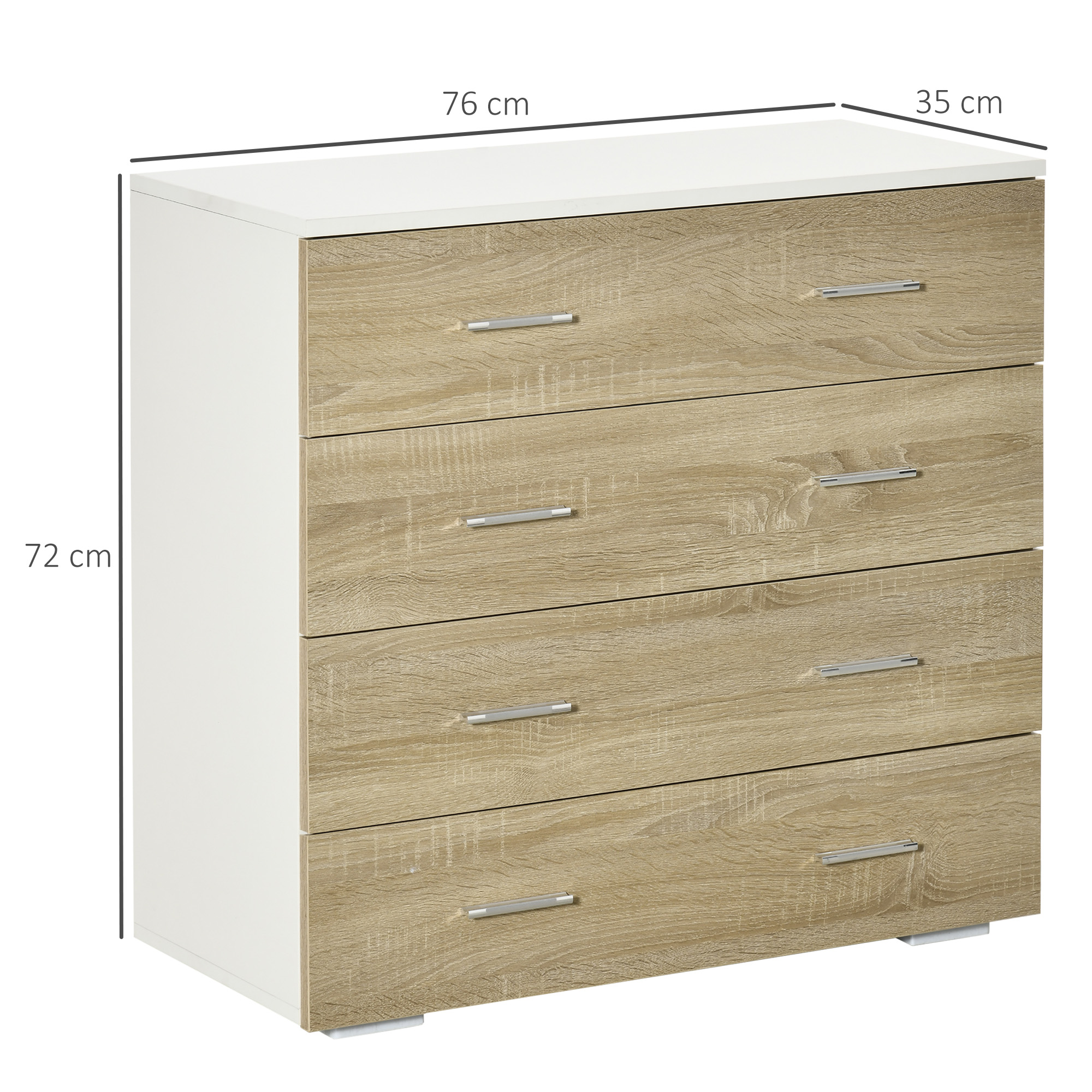 Cómoda blanca con cuatro cajones de aspecto madera y tiradores plateados.