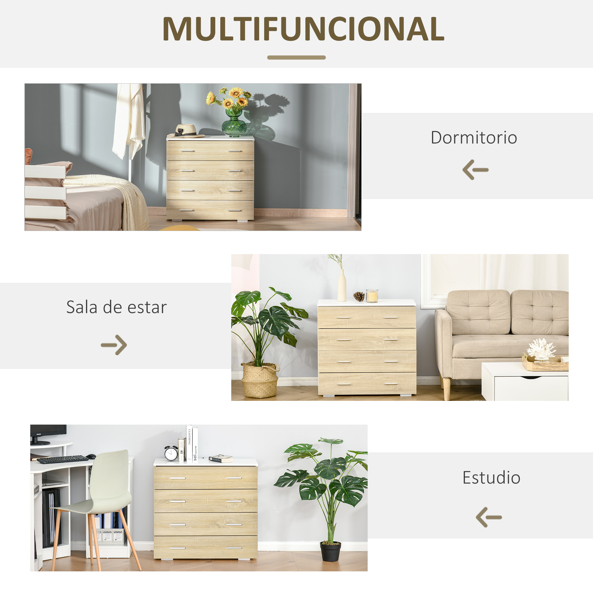 Cuatro imágenes muestran una cómoda en diferentes habitaciones: dormitorio, sala, oficina y pasillo.
