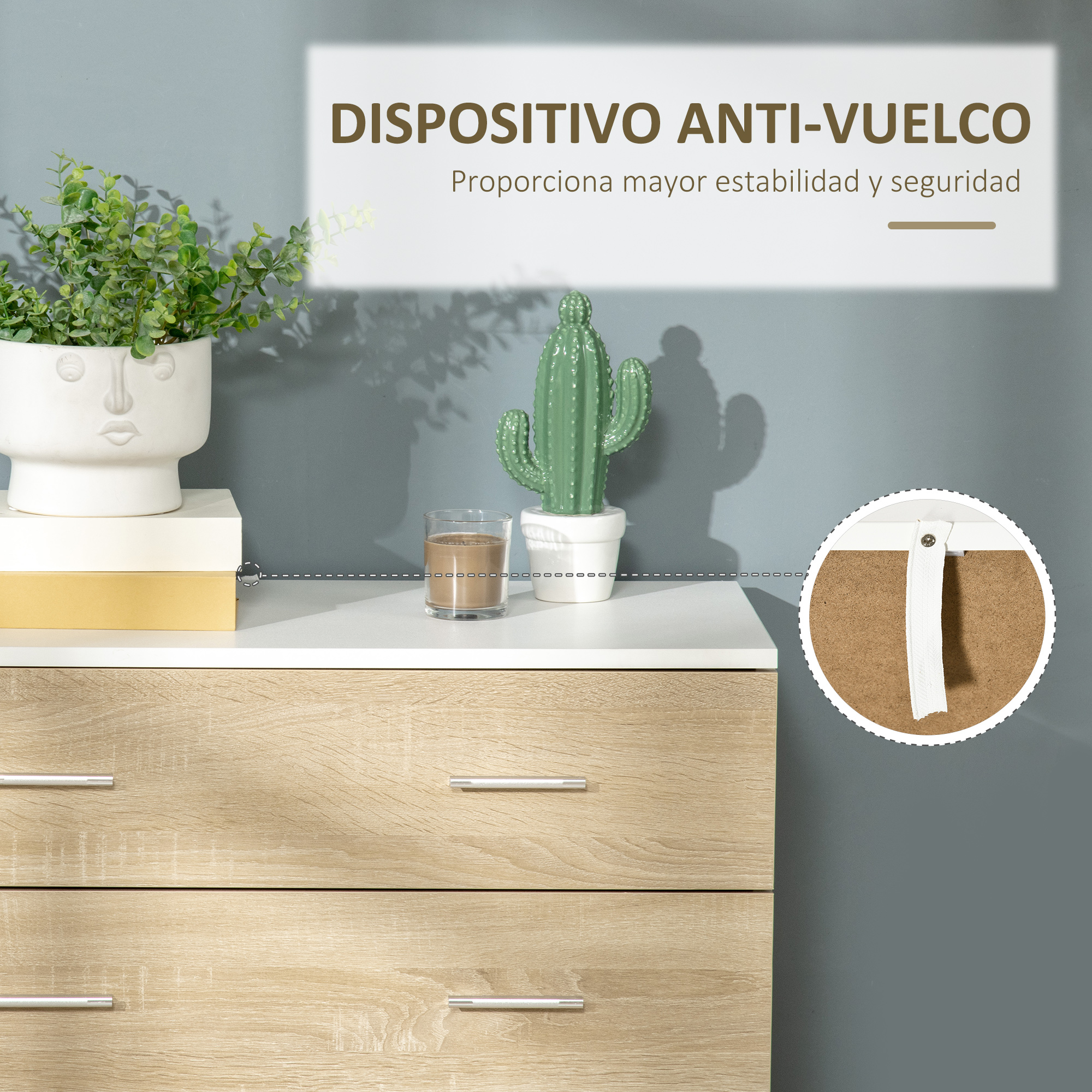 Cómoda de madera, decoración de cactus y planta en maceta. Incluye dispositivo antivuelco.