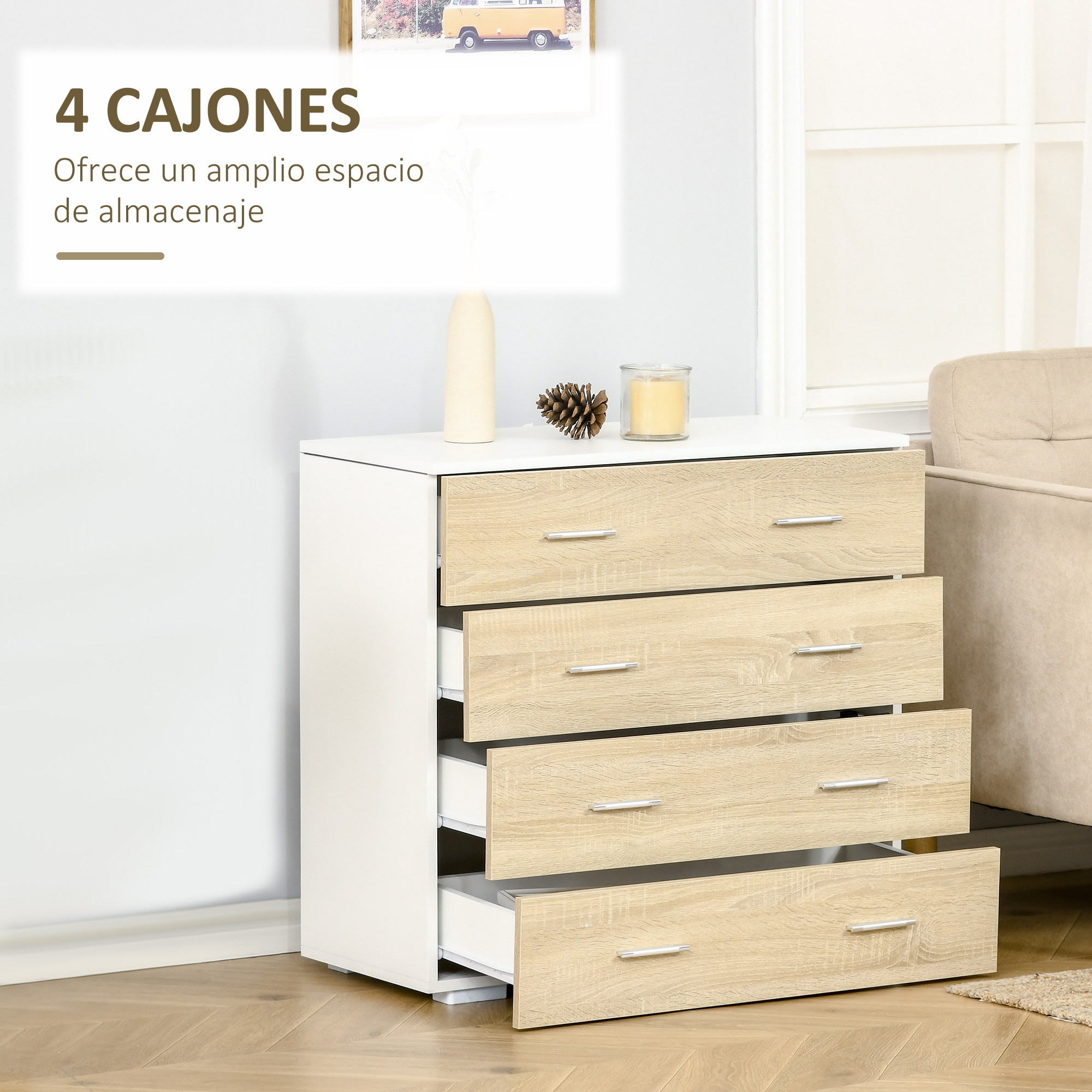 Cómoda blanca con cuatro cajones de imitación madera, parcialmente abiertos.