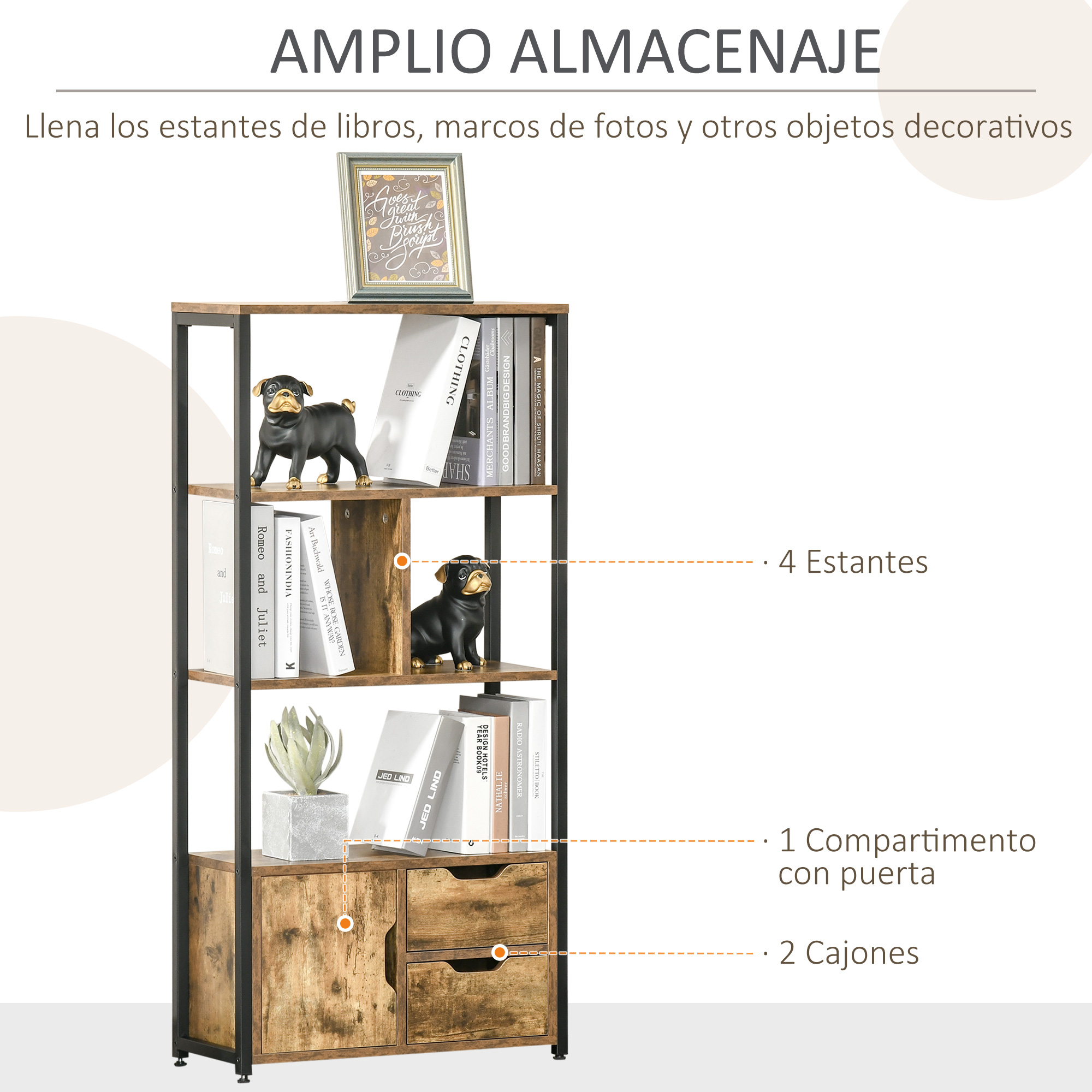 Estantería estilo industrial con libros, decoración y cajones.