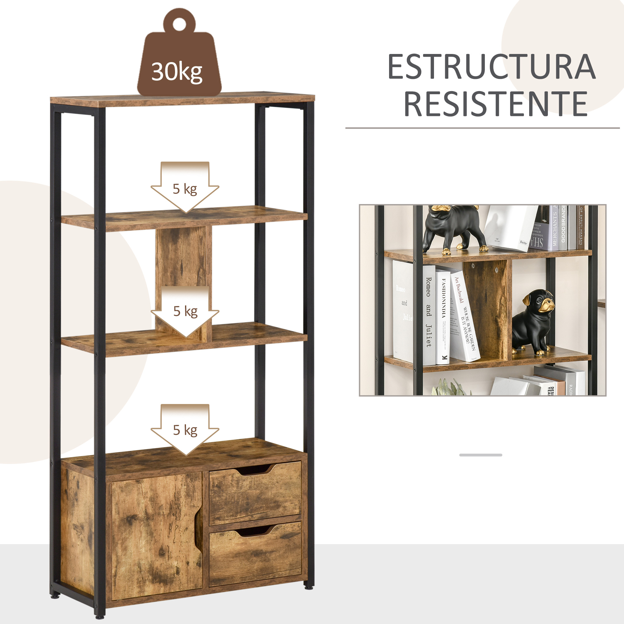 Estantería rústica con marco de metal negro, carga superior 30kg, 5kg por estante.