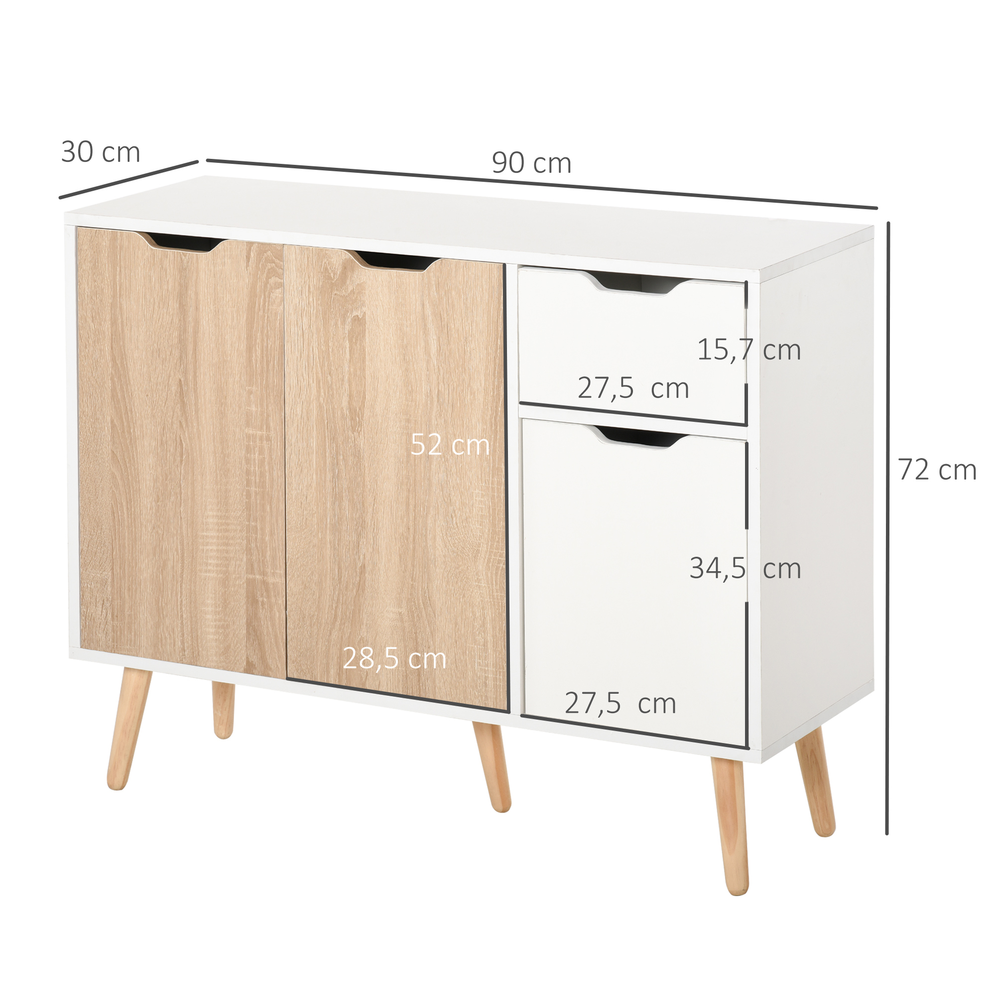 Mueble blanco con puertas de madera y cajones, medidas aprox. 90x30x72cm.