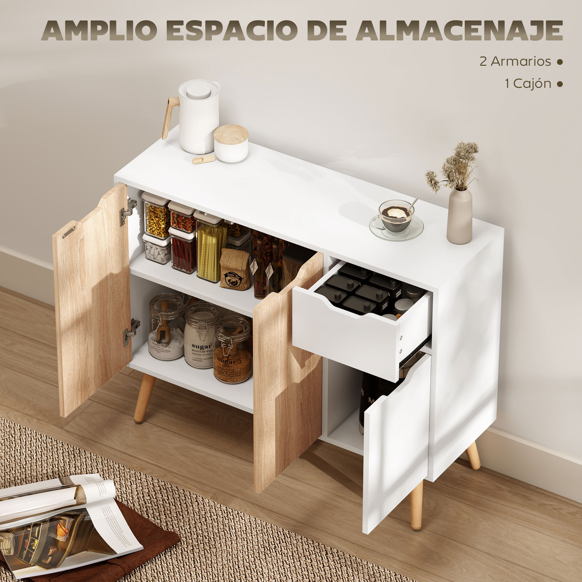 Un mueble blanco con detalles de madera, lleno de provisiones. Una taza de café encima.