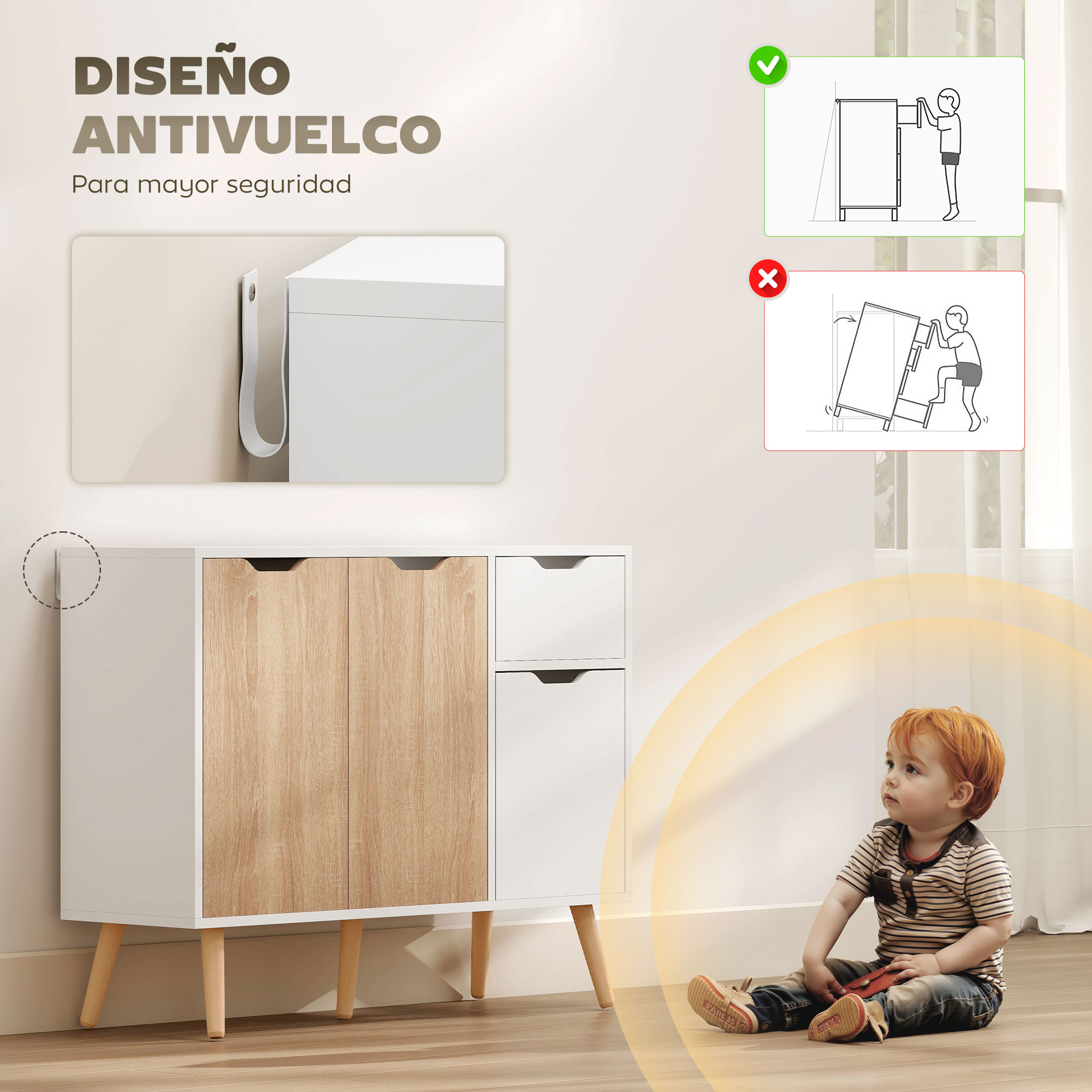 Un niño pequeño se sienta junto a un mueble blanco y de madera. Ilustraciones muestran anclaje correcto e incorrecto.