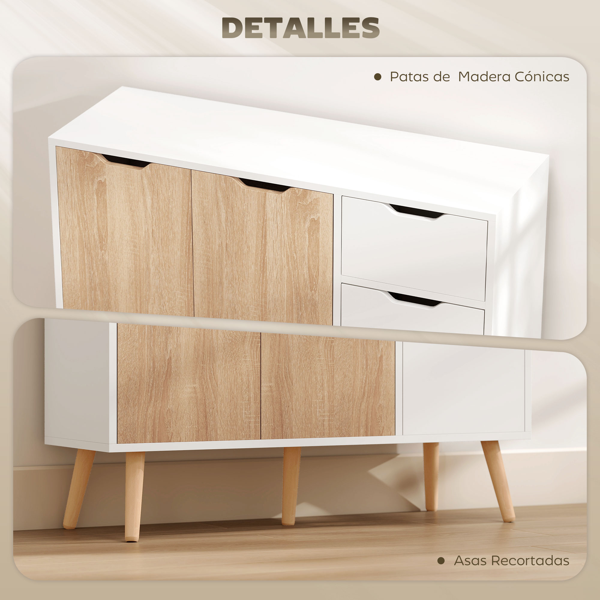 Un mueble blanco con puertas y cajones de madera sobre patas cónicas.