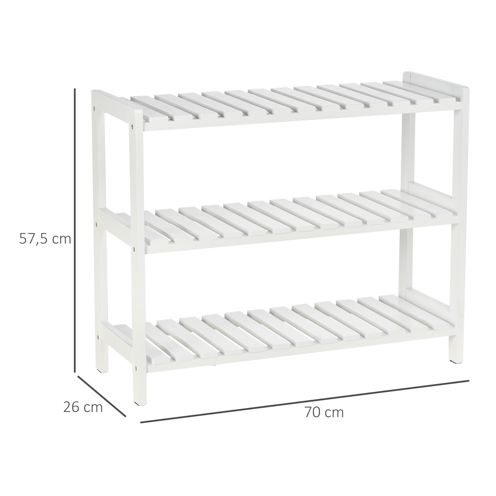 Estantería blanca de tres niveles con baldas de lamas. Dimensiones: 57,5cm Al, 26cm Pr, 70cm An.