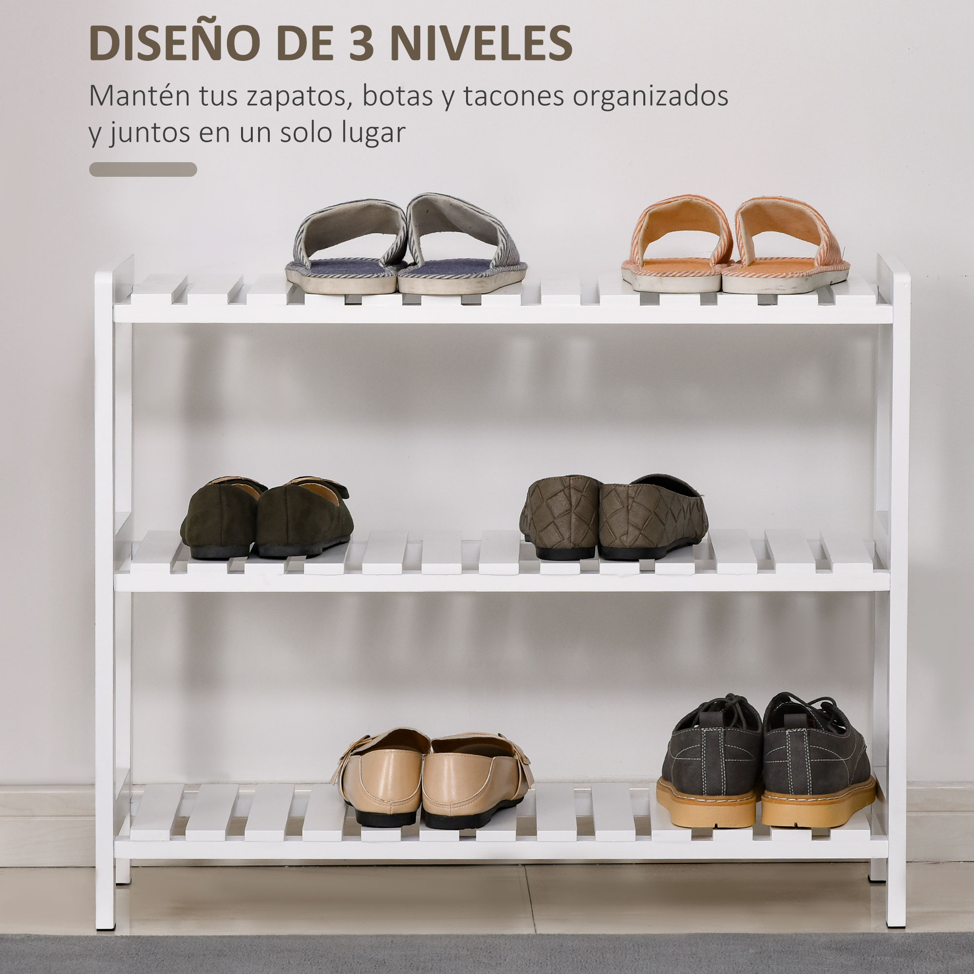 Un zapatero blanco de tres niveles que exhibe varios zapatos en sus estantes.