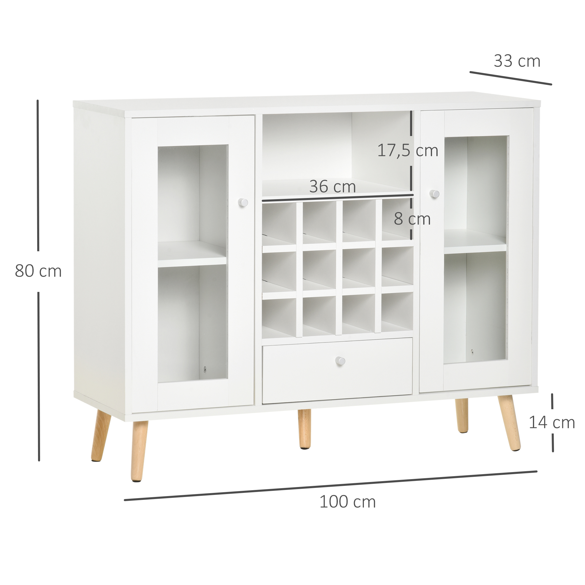 Aparador blanco con puertas de cristal, cajón y botellero. Dimensiones: 80x100x33cm.