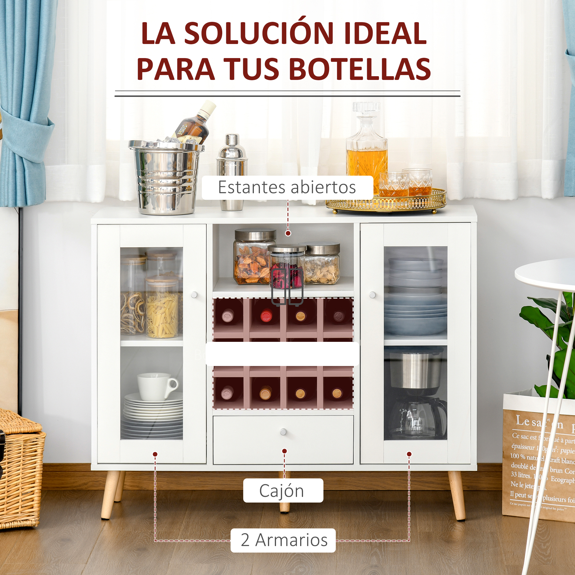 Un aparador blanco con puertas de cristal, lleno de tarros, platos y botellas.