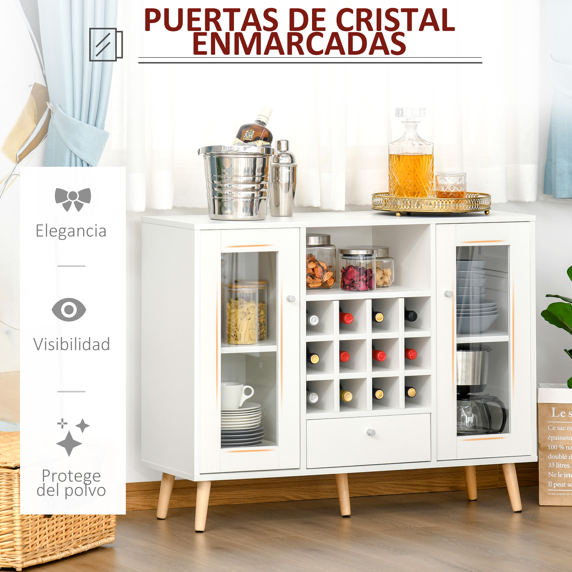 Un armario blanco con puertas de cristal, botellero y cristalería, decorado con botellas.