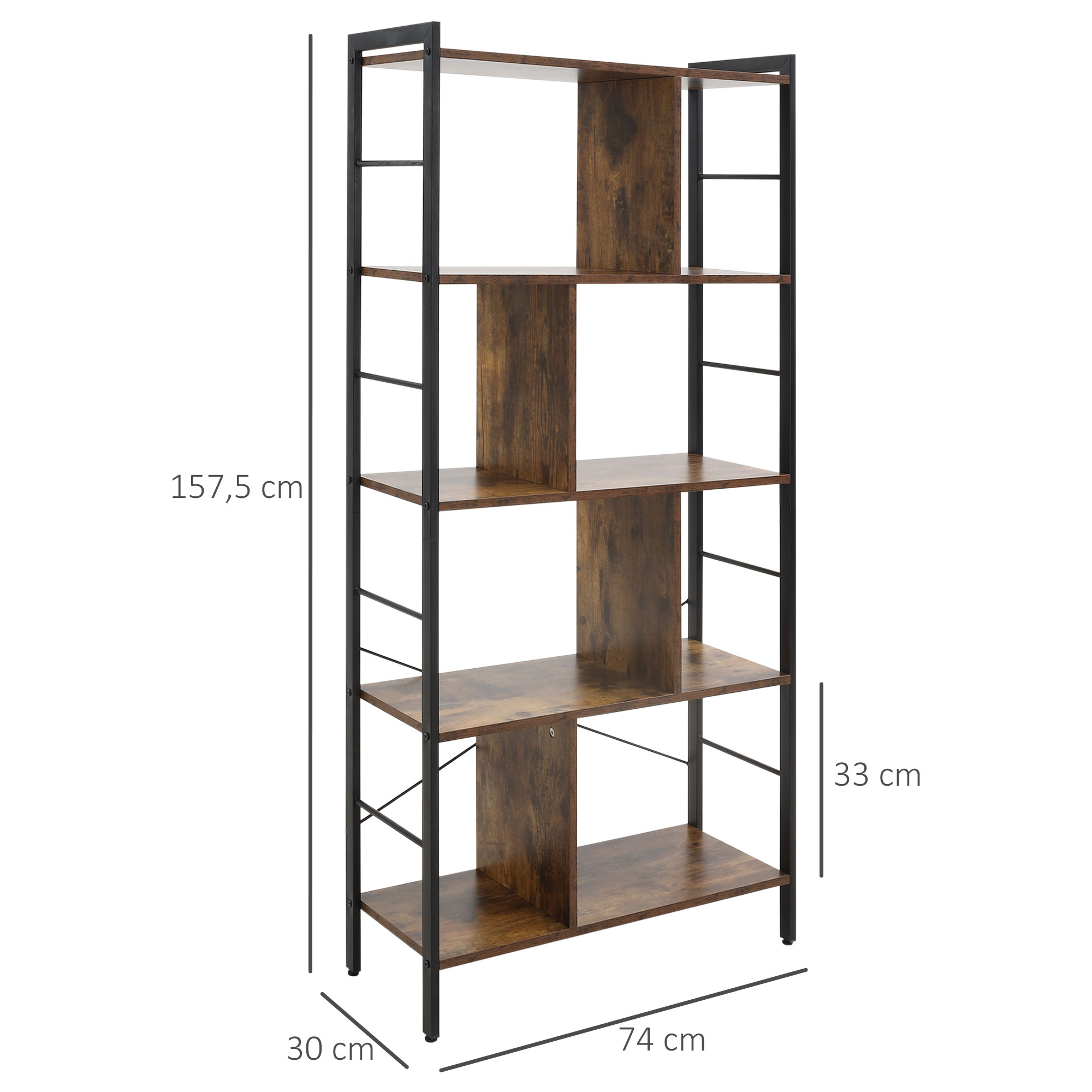 Una estantería alta con cinco baldas de madera y marco de metal negro.