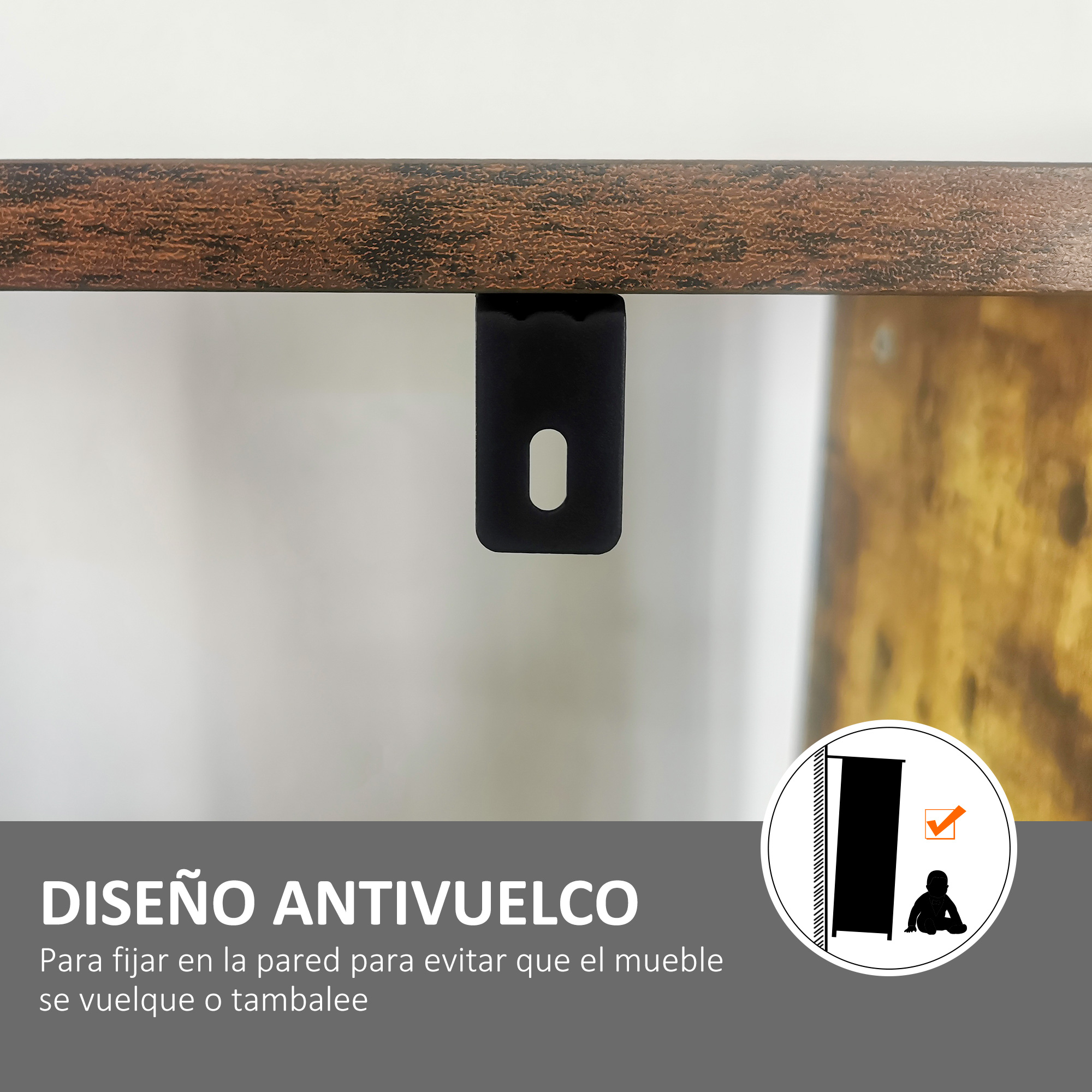 Diseño antivuelco con montaje a la pared para muebles.