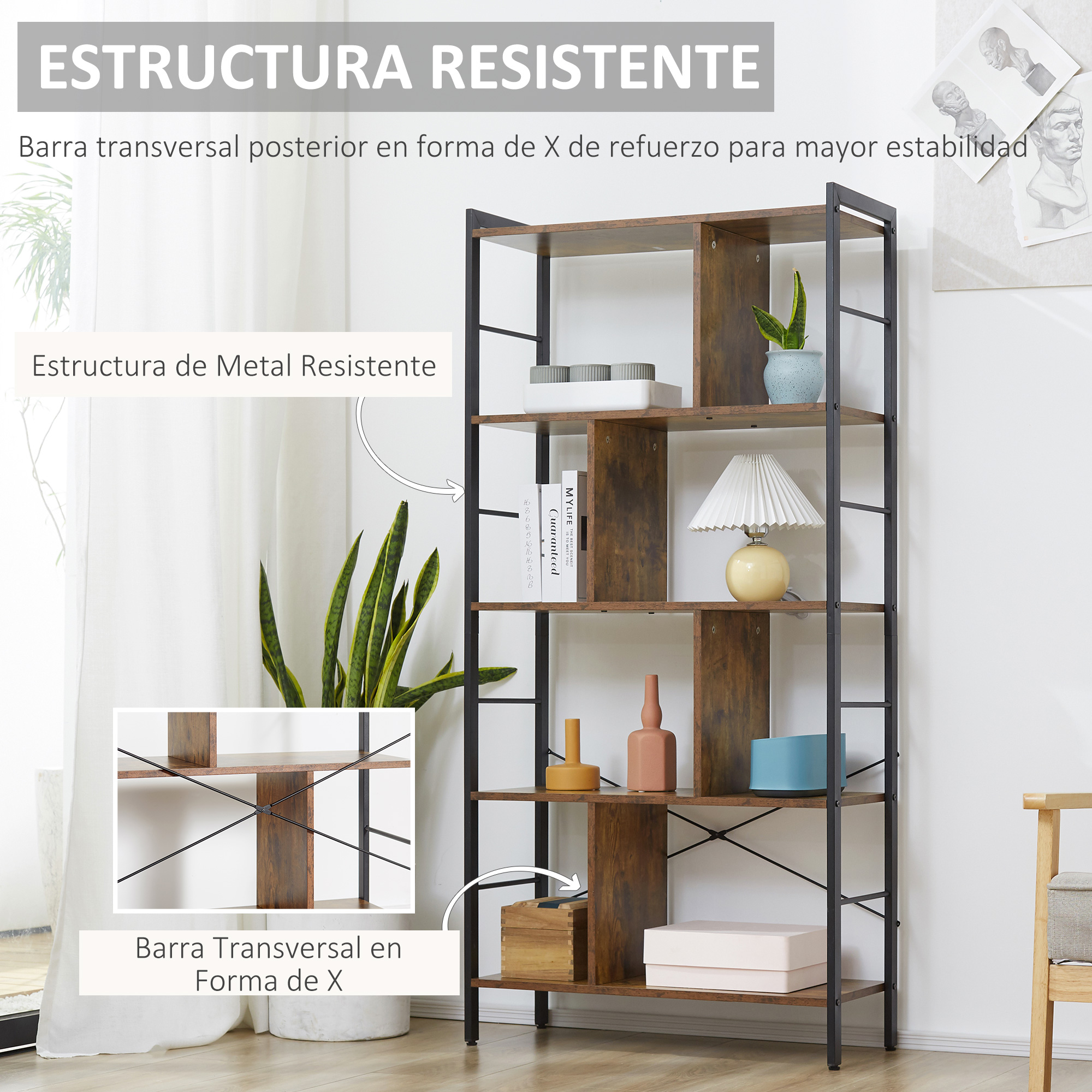 Una estantería marrón con marco de metal decorada con libros y jarrones.