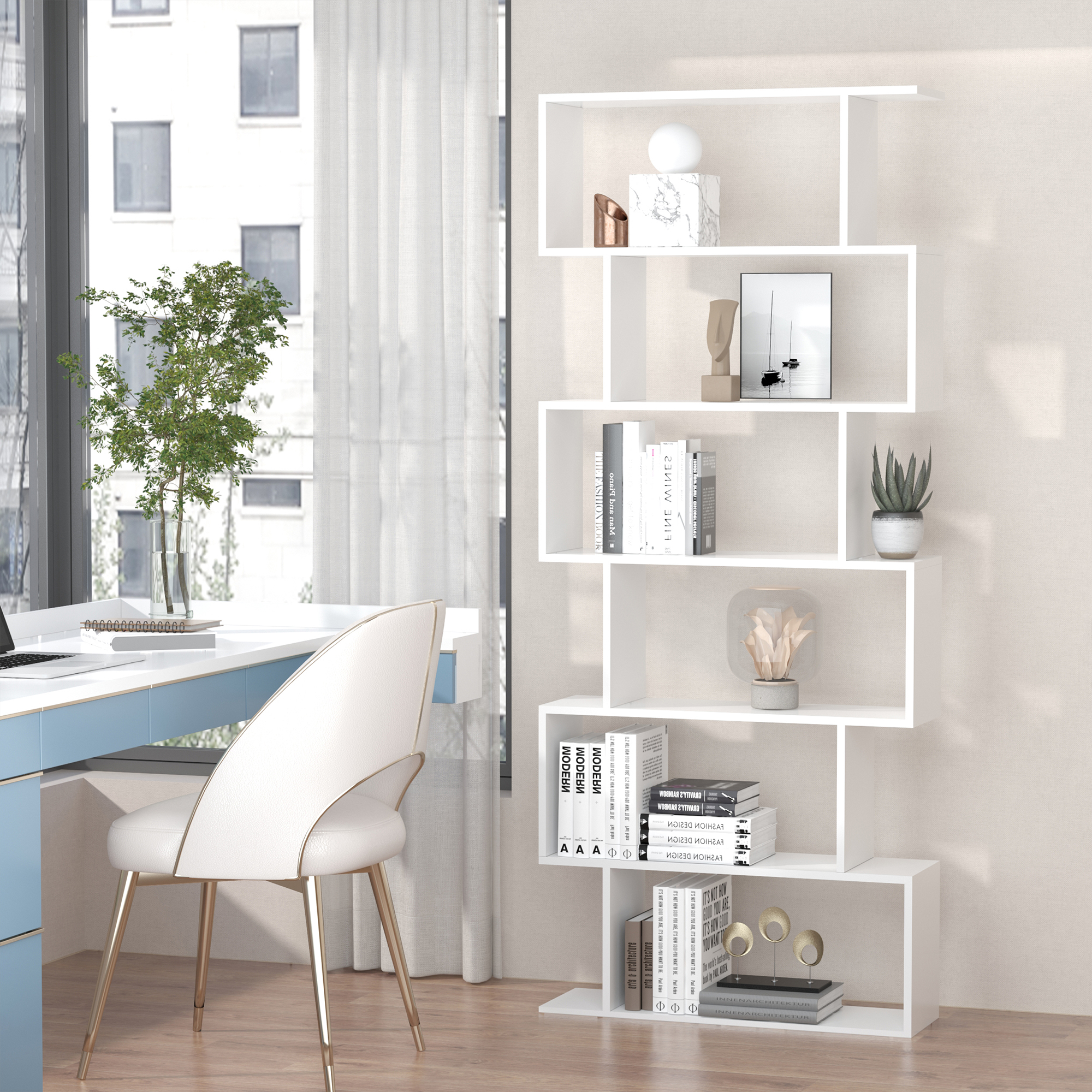 Espacio de trabajo moderno con escritorio blanco, silla y estantería blanca.