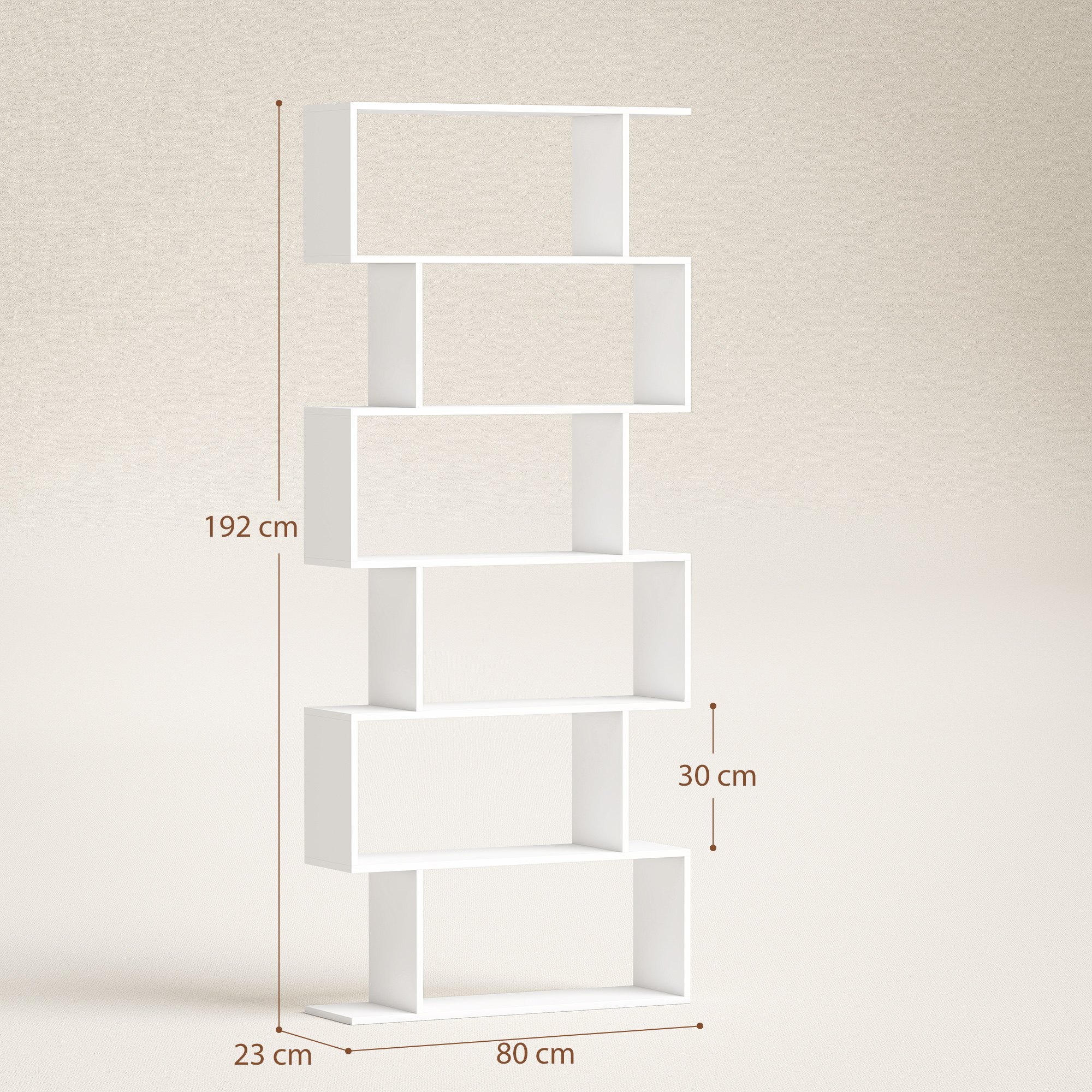 Estantería blanca independiente con seis baldas, 192 cm de alto.
