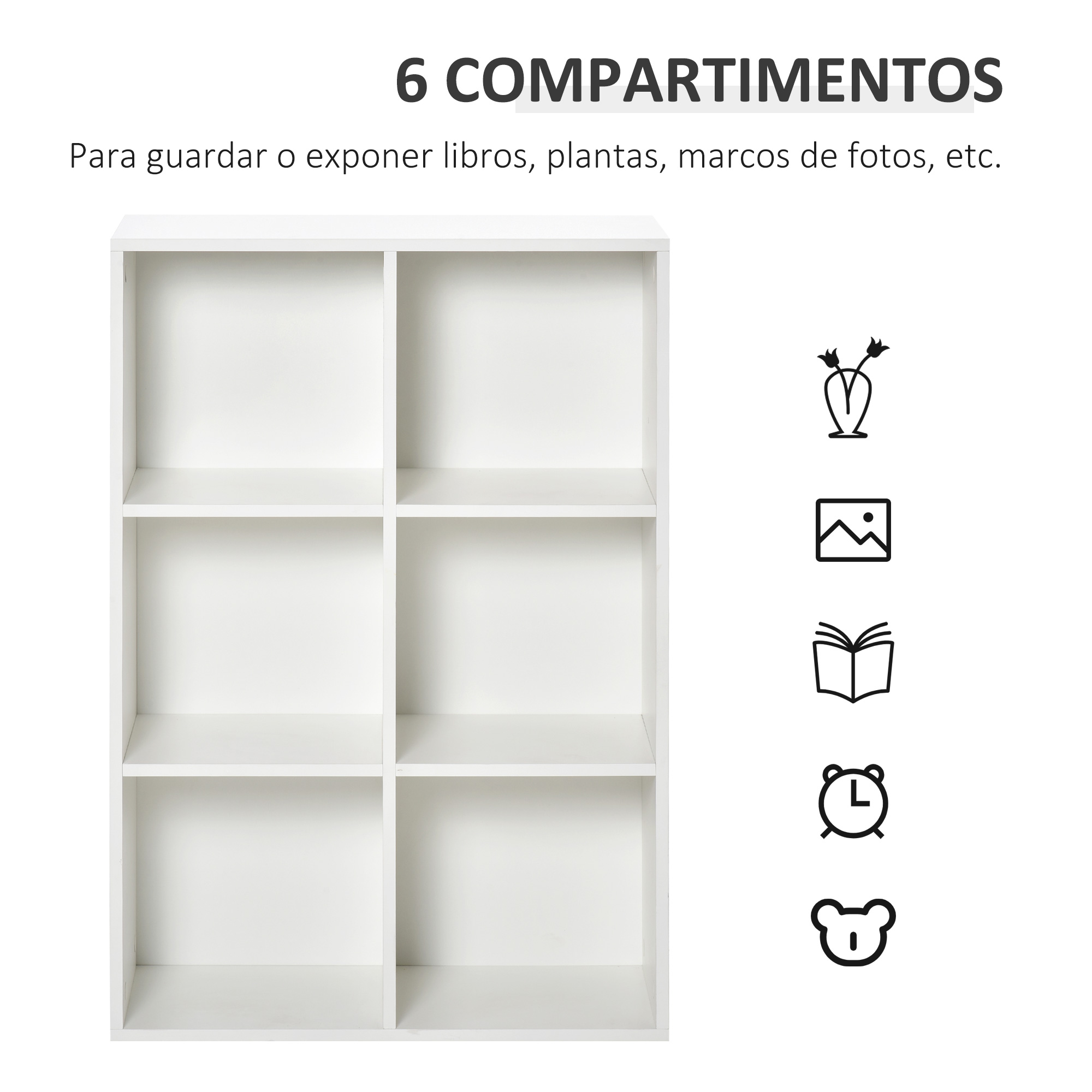 Un estante blanco de seis compartimentos con iconos de jarrón, imagen, libro, reloj y oso.