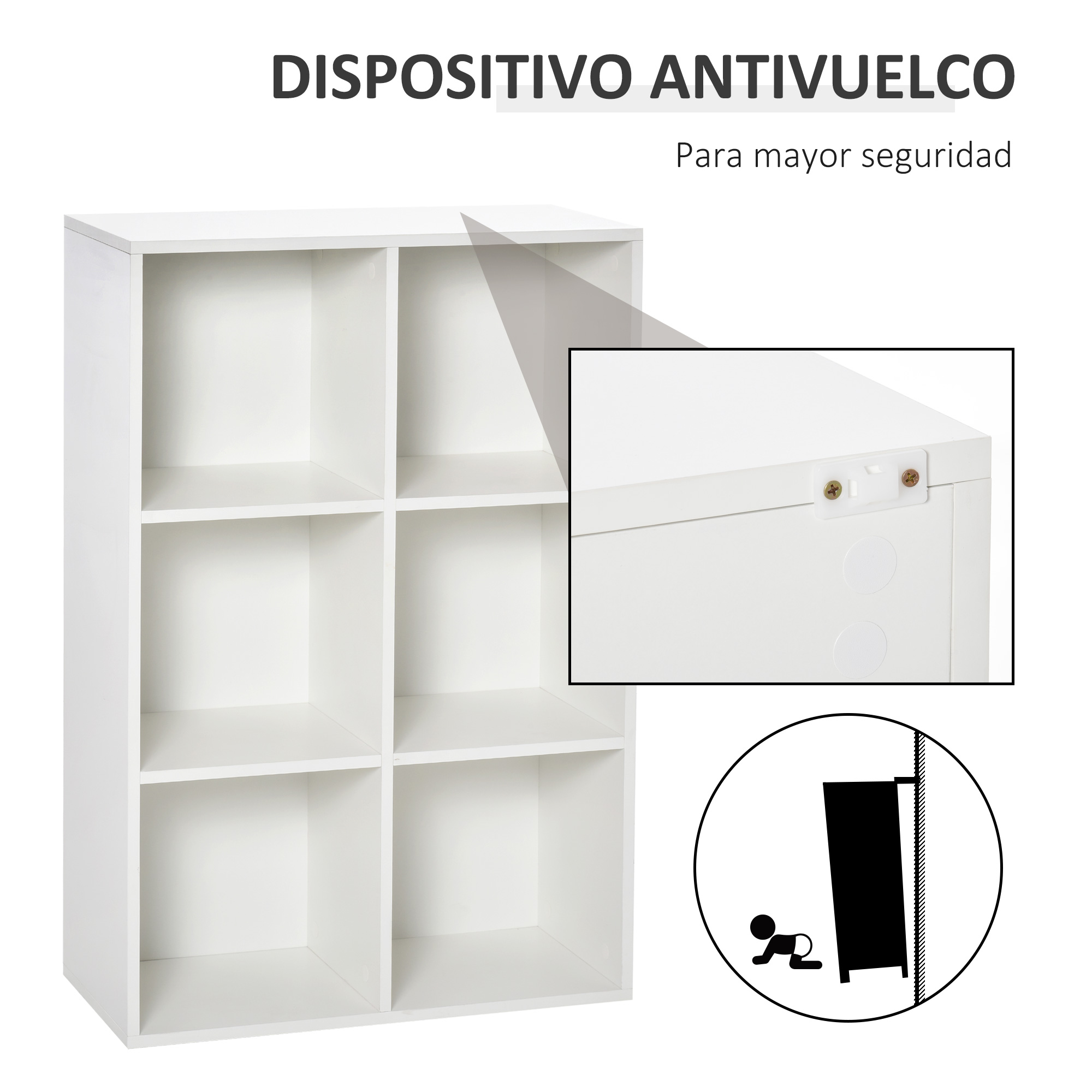 Un estante blanco de cubos con seis compartimentos, fijado a la pared.