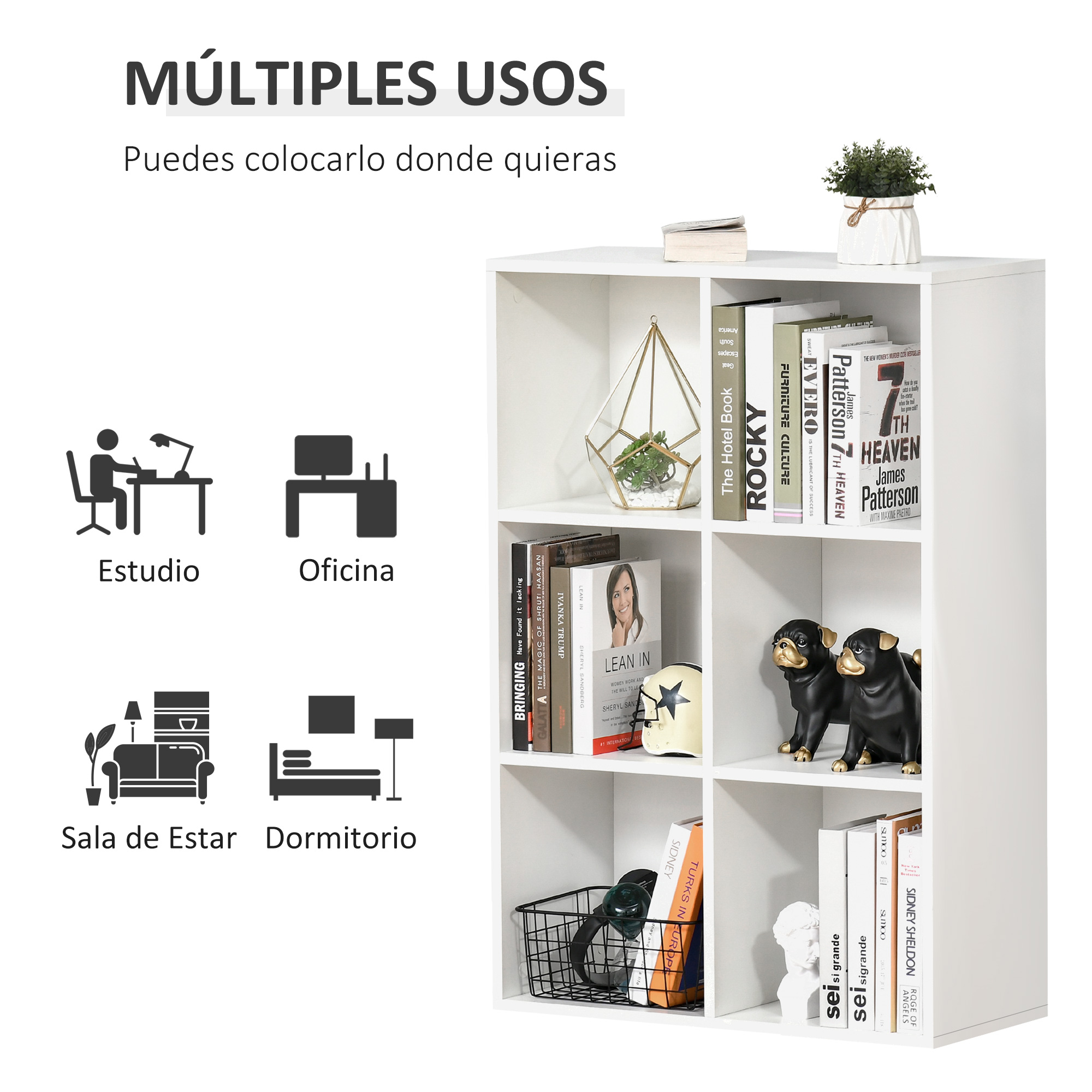 Un estante blanco con libros, decoración y dos estatuas de perros.