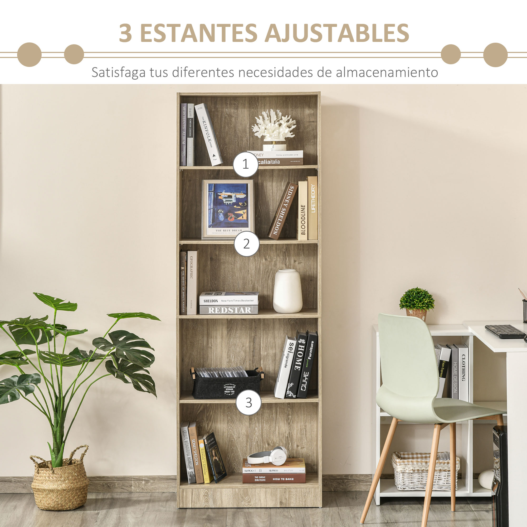 Un estante de madera con libros, plantas y una decoración de coral.