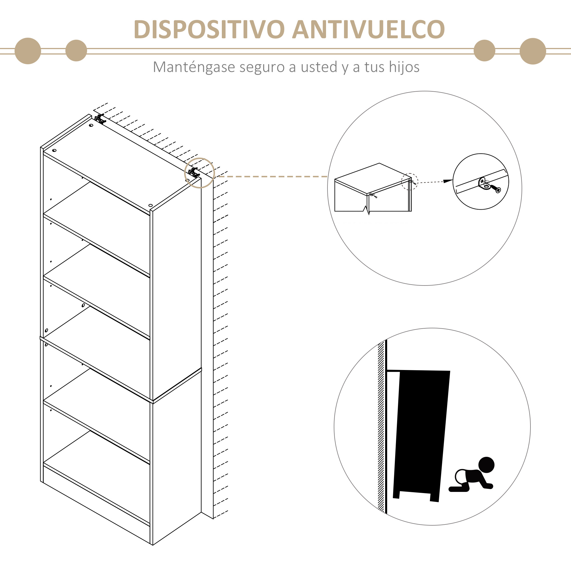 Instrucciones para asegurar muebles a la pared con icono de seguridad infantil.