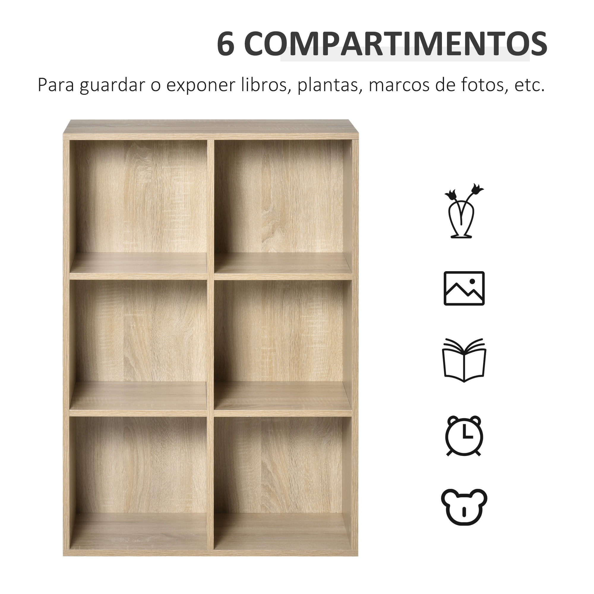 Estantería marrón claro con seis compartimentos, ideal para libros o exposición.